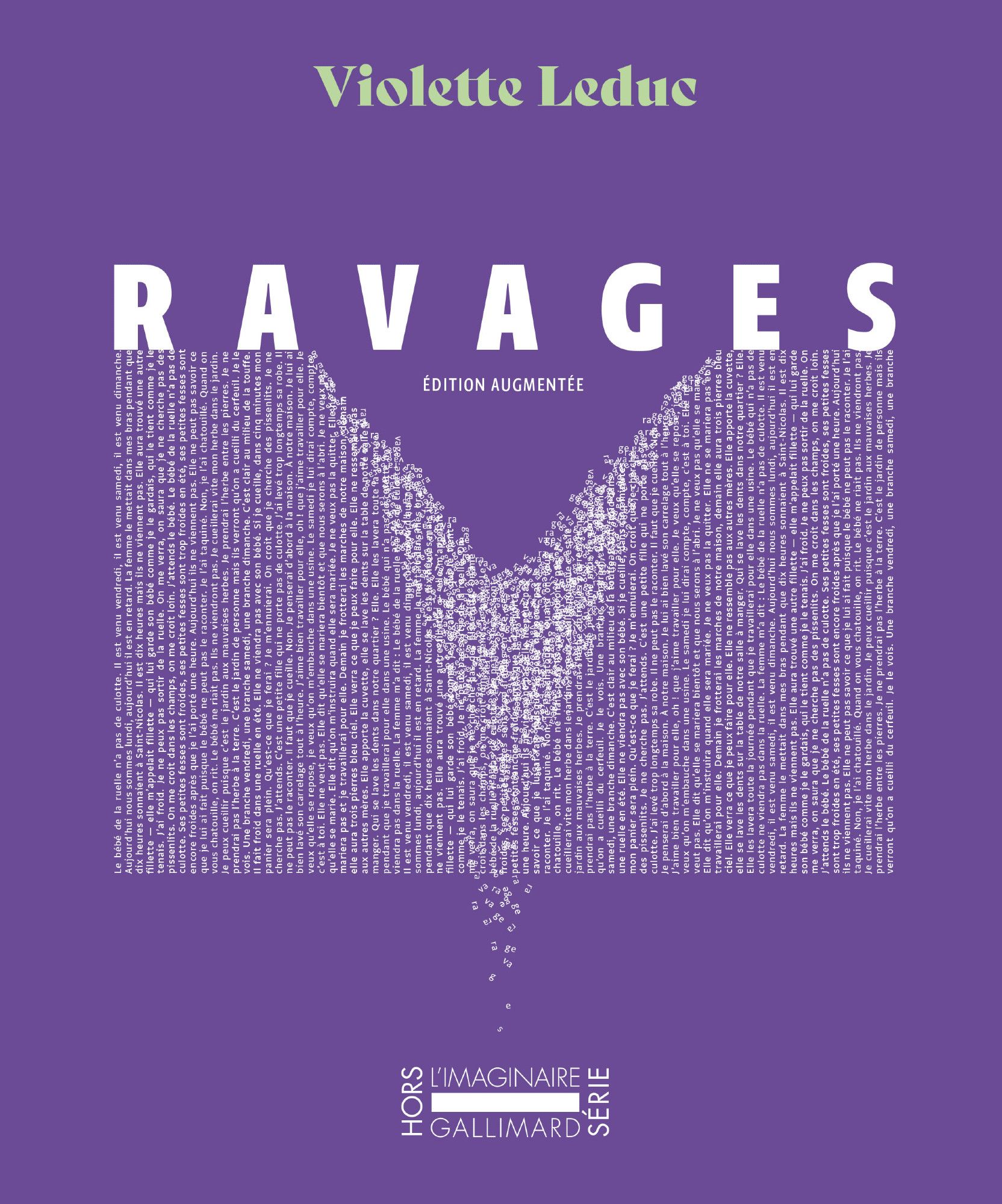 Couverture de Ravages de Violette Leduc dans la collection "L'Imaginaire", on voit l'incipit du "Bébé dans la ruelle" s'effondrer au milieu