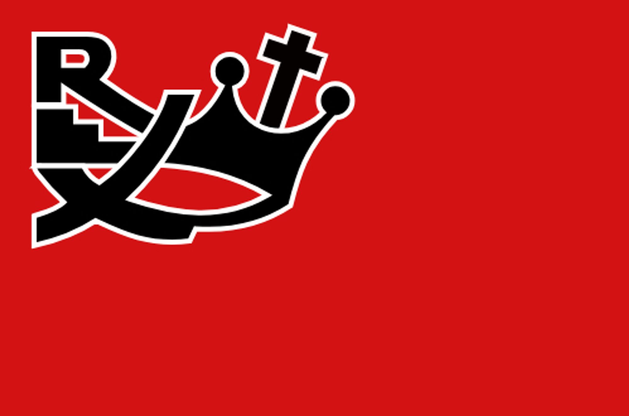 Drapeau de Rex, le mouvement fasciste de Léon Degrelle, au design très avant-gardiste pour son époque et a fortiori pour un mouvement fasciste : Les trois lettres R E X disposées à la verticale, en noir cerné de blanc sur fond rouge, se fondent chacune dans une couronne surmontée d'une croix chrétienne. Le E ressemble à un escalier.