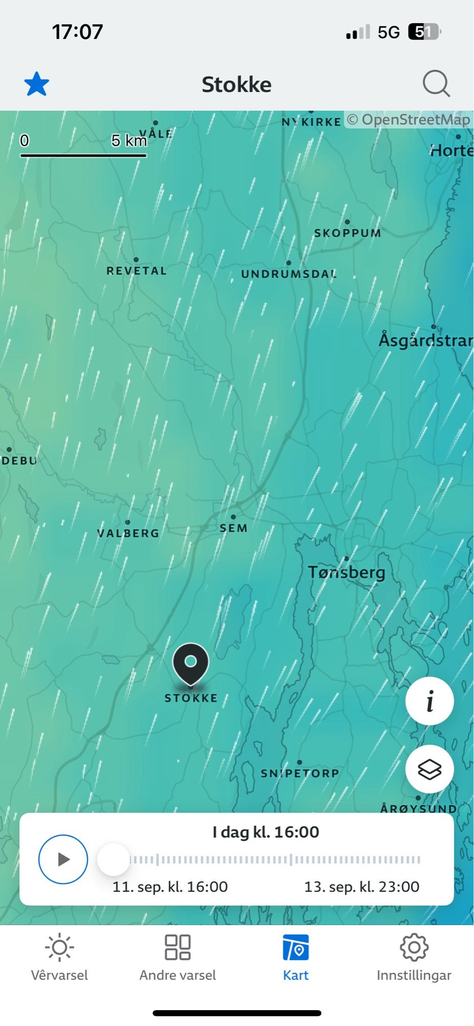 Skjermbilde av Yr-appen som viser stødig motvind på nevnte veistrekning