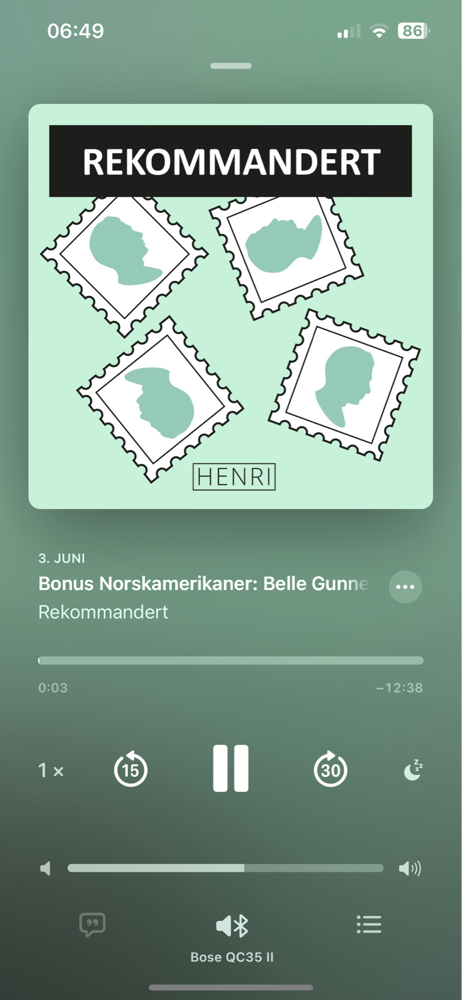 Skjermbilde av podcast-app med bonusepisode om Belle Gunnes