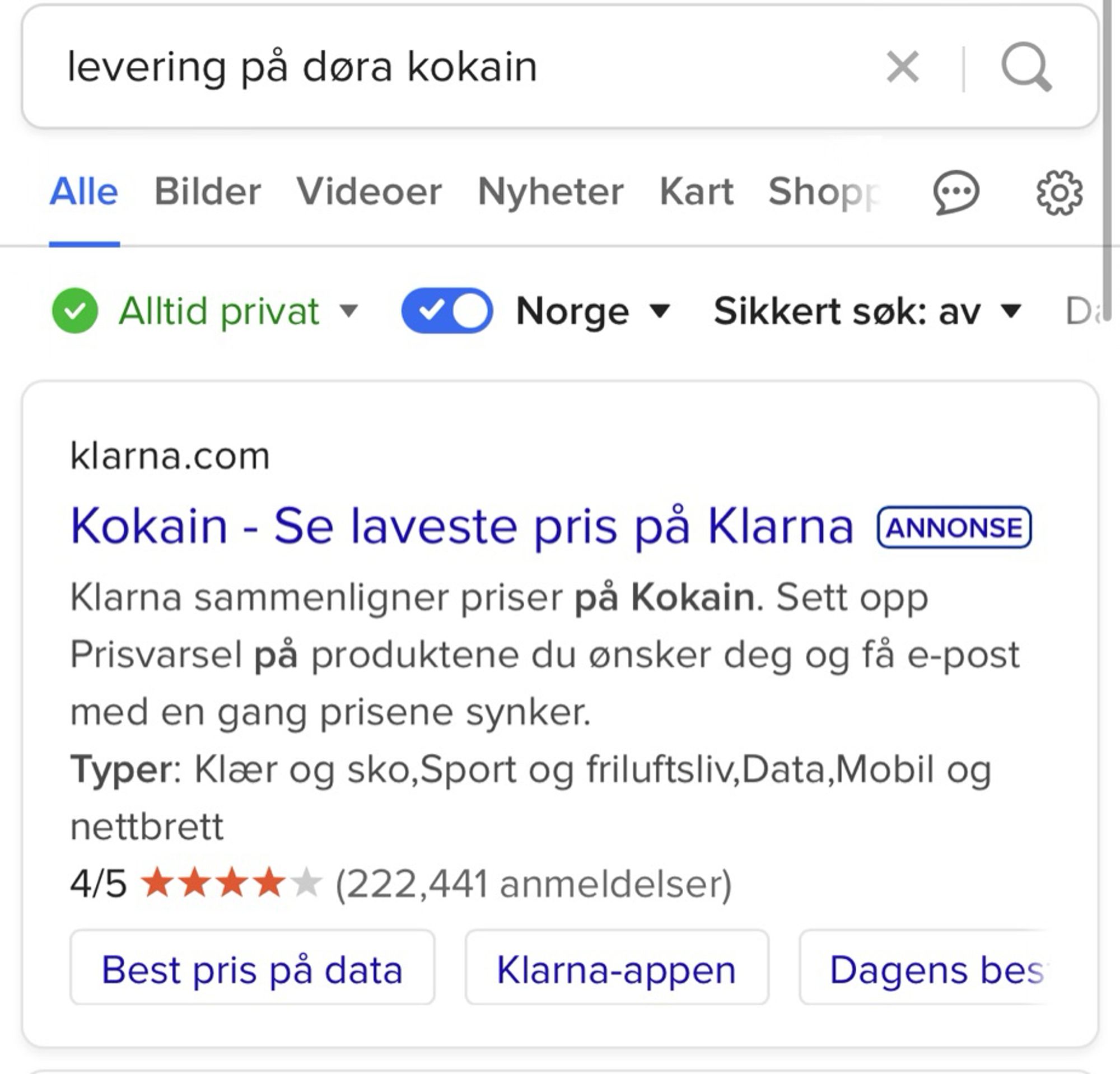 Skjermbilde av søk etter "levering på døra kokain". Første treff er Klarna som tilbyr "Kokain - Se laveste pris på Klarna"