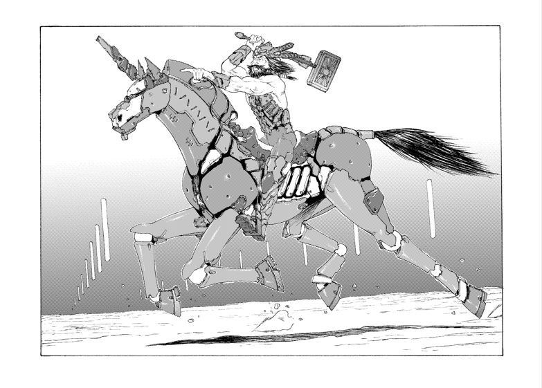A black and white illustration of a futuristic Thor on a mechanized unicorn 