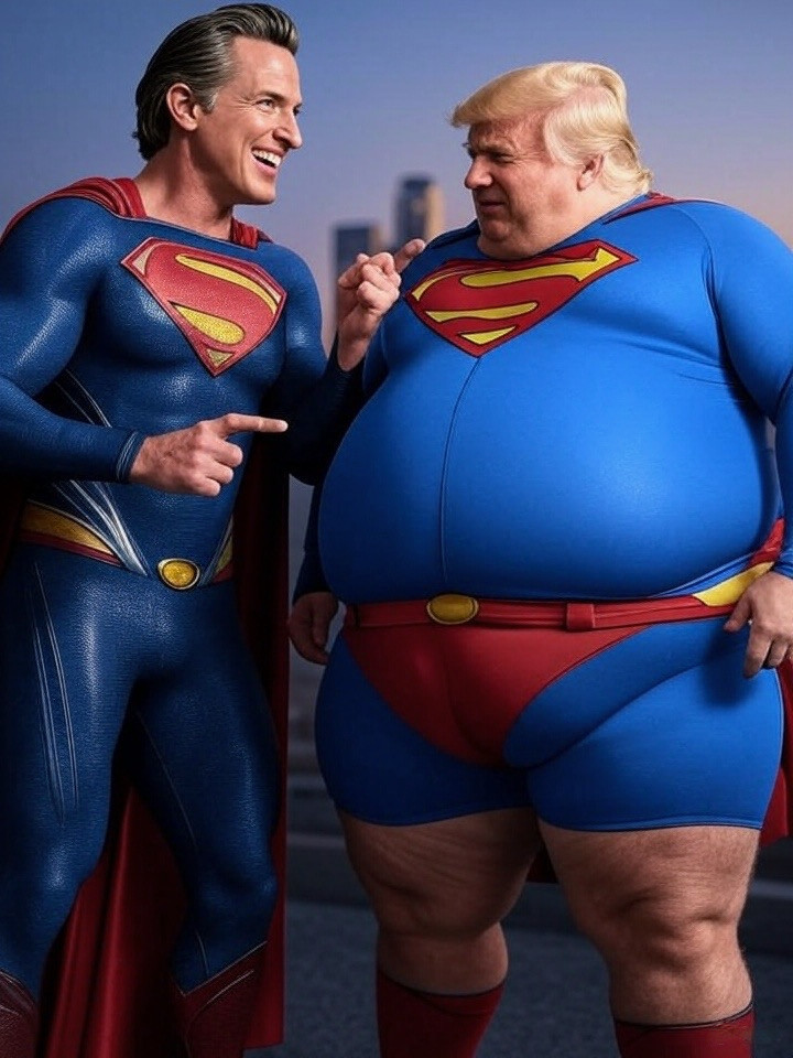 Gavin Newsom and Donald Trump who are wearing Superman costumes are standing together outdoors. Newsom on the left is tall and lean, smiling broadly, and pointing at the other man. Trump on the right is heavier set, with a round belly stretching his superhero outfit, and is looking back at the first man with a grin. Both are dressed in blue bodysuits with red capes and the classic Superman “S” logo on their chests. The scene appears lighthearted and humorous.