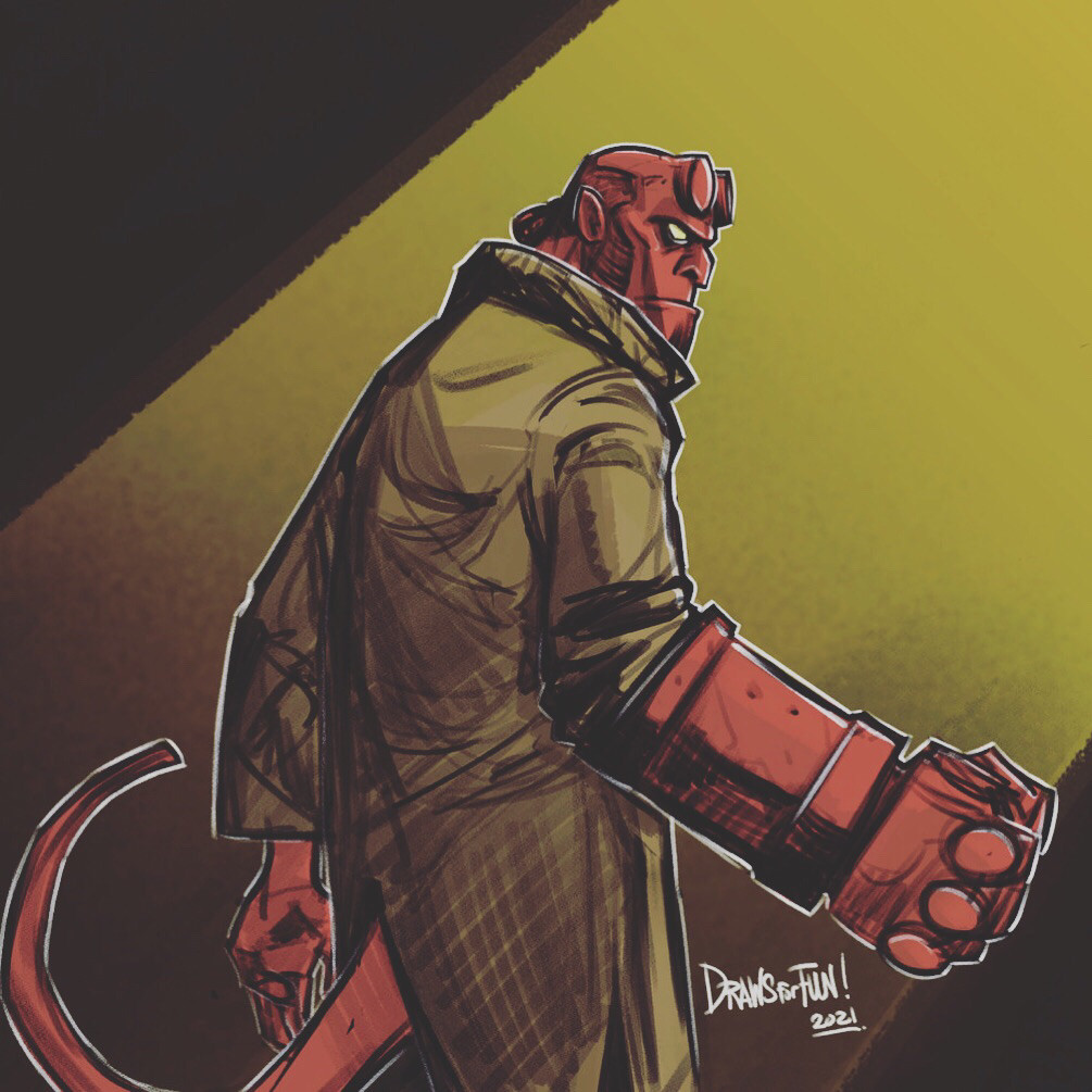 A sketch of the comic book character Hellboy