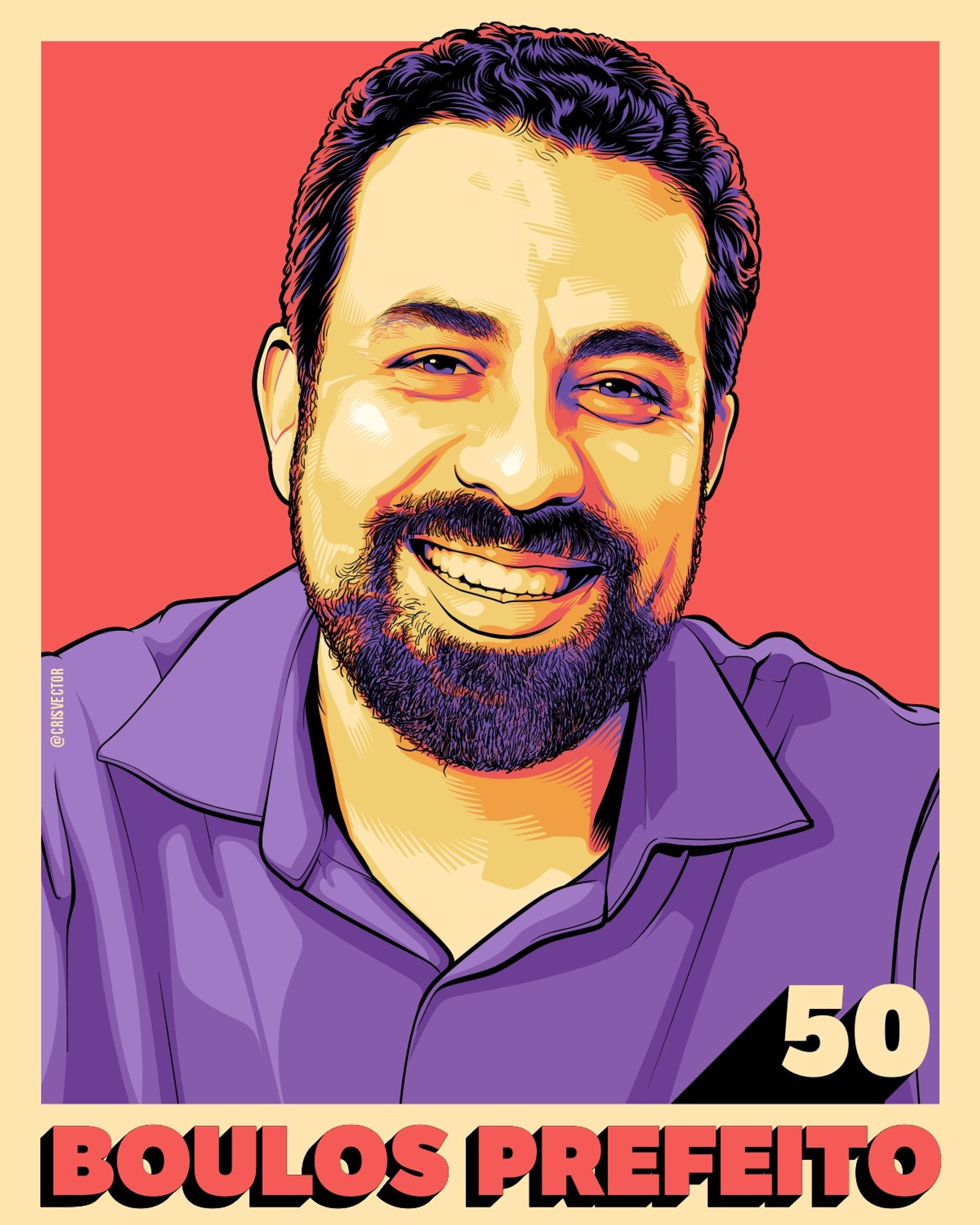 Retrato ilustrado de Guilherme Boulos. Ele está sorrindo, olhando para a câmera. Usa uma camisa lilás e sua pele tem tons amarelos vermelhos e roxo. A ilustração está enquadrada em uma borda bege, na parte de baixo está escrito, em vermelho "Boulos Prefeito" e logo acima o número 50, em bege.