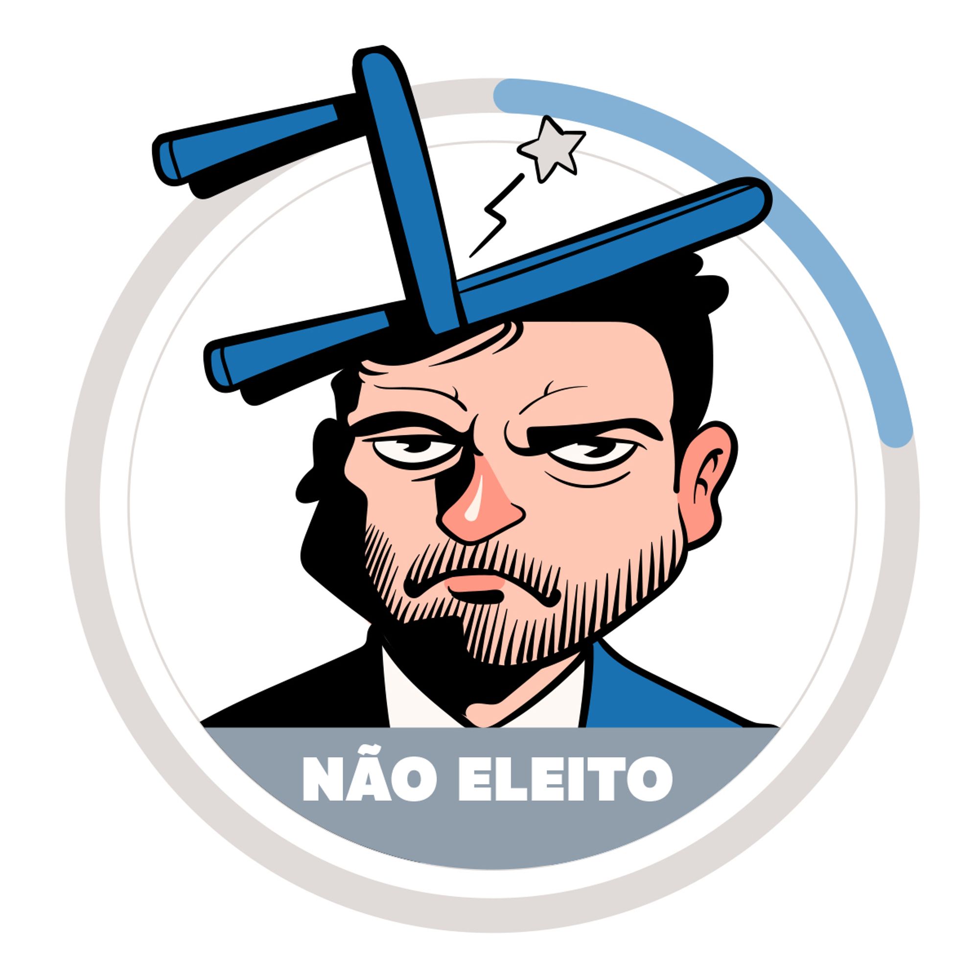 Caricatura de Pablo Marçal com uma cadeira sobre sua cabeça. O desenho está em um frame redondo com a legenda "não eleito"