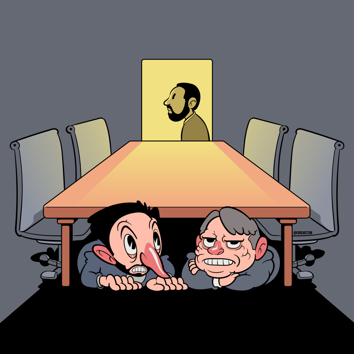 Illustração cartoon que mostra Ricardo Nunes e Tarcísio de Freitas embaixo de uma grande mesa de reunião com algumas cadeiras de cada lado. Nunes tem uma expressão assustada e Tarcísio uma expressão que remete impaciência. A sala que eles estão é escura e a fonte principal de luz é uma porta aberta, ao fundo. Nesta porta podemos ver a silhueta de Guilherme Boulos, de perfil.