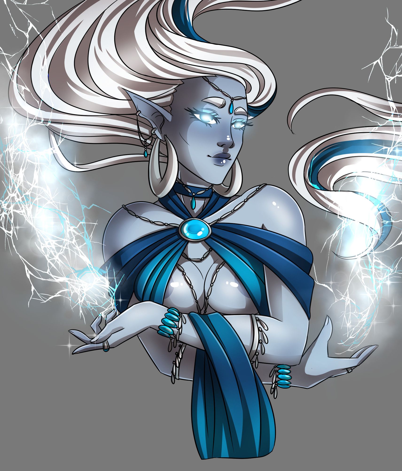 Artwork of a Genasi Storm Sorcerer mid cast, conjuring up some lightning bolts, his eyes glowing with energy, his long white hair flowing upwards, wearing revealing robes and silber and teal jewelry.