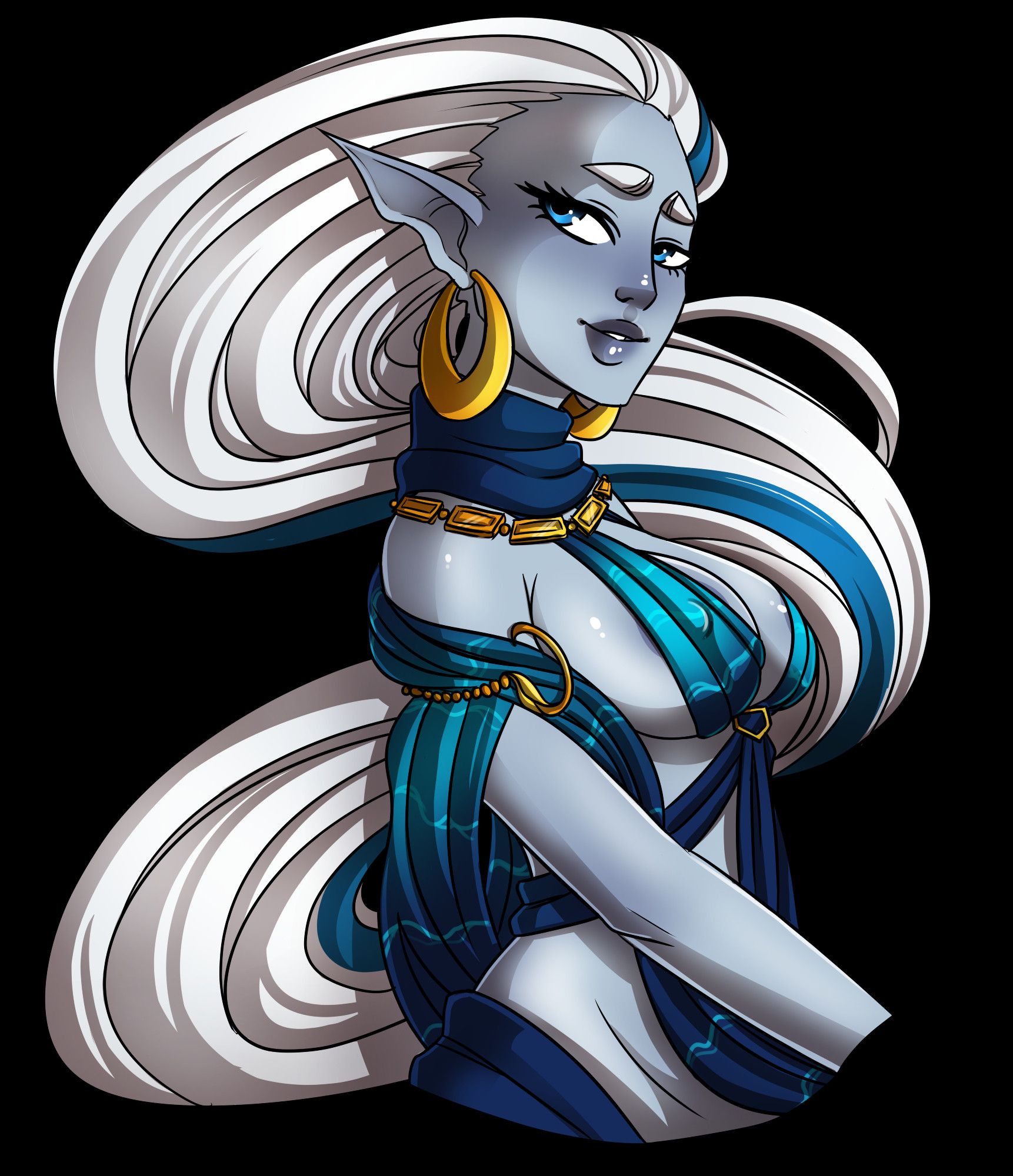 Side profile of a pretty Genasi with long, flowing white hair in revealing clothes and golden jewelry.