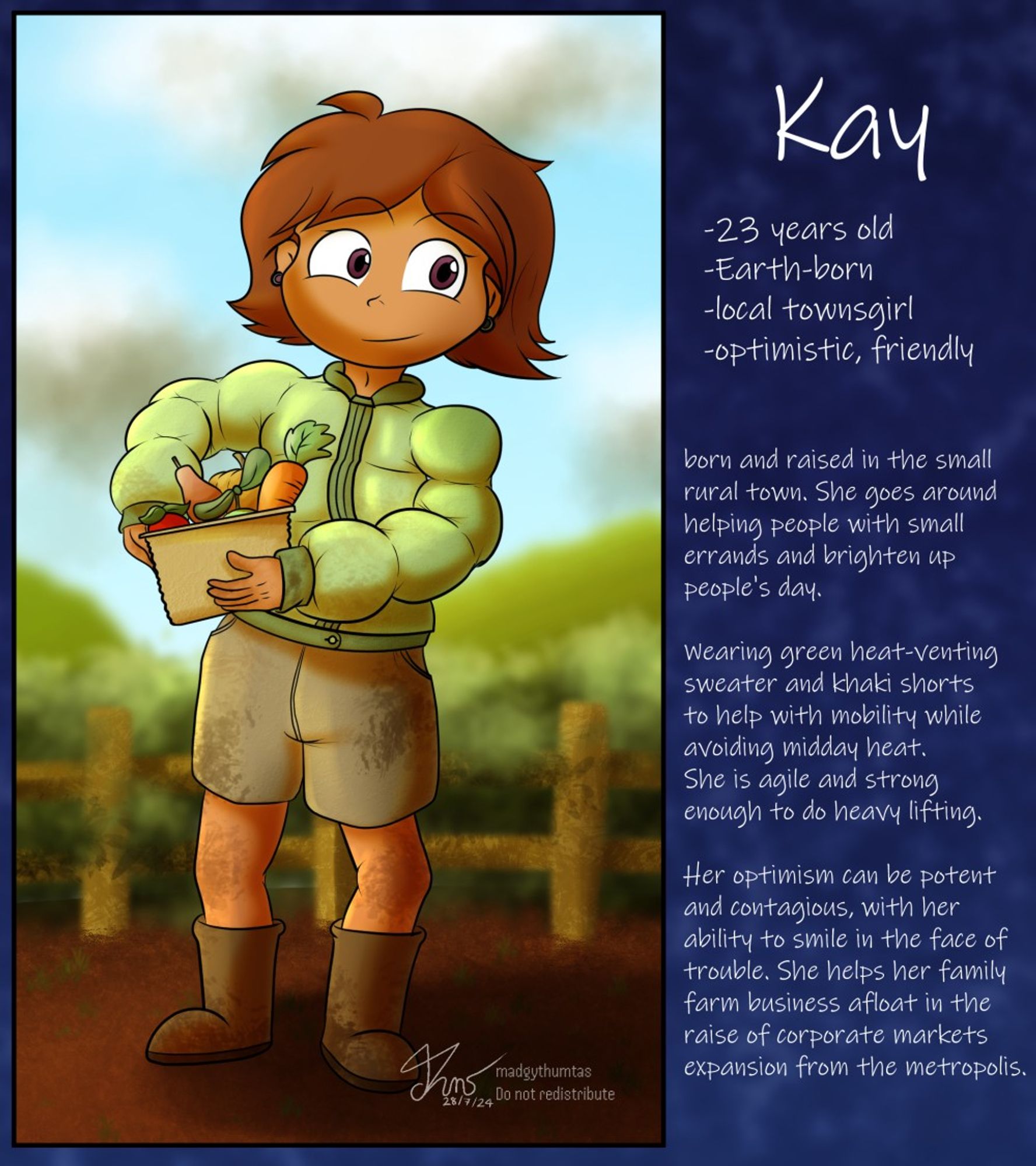 An OC sheet for Kay the farmer girl with description on the right.