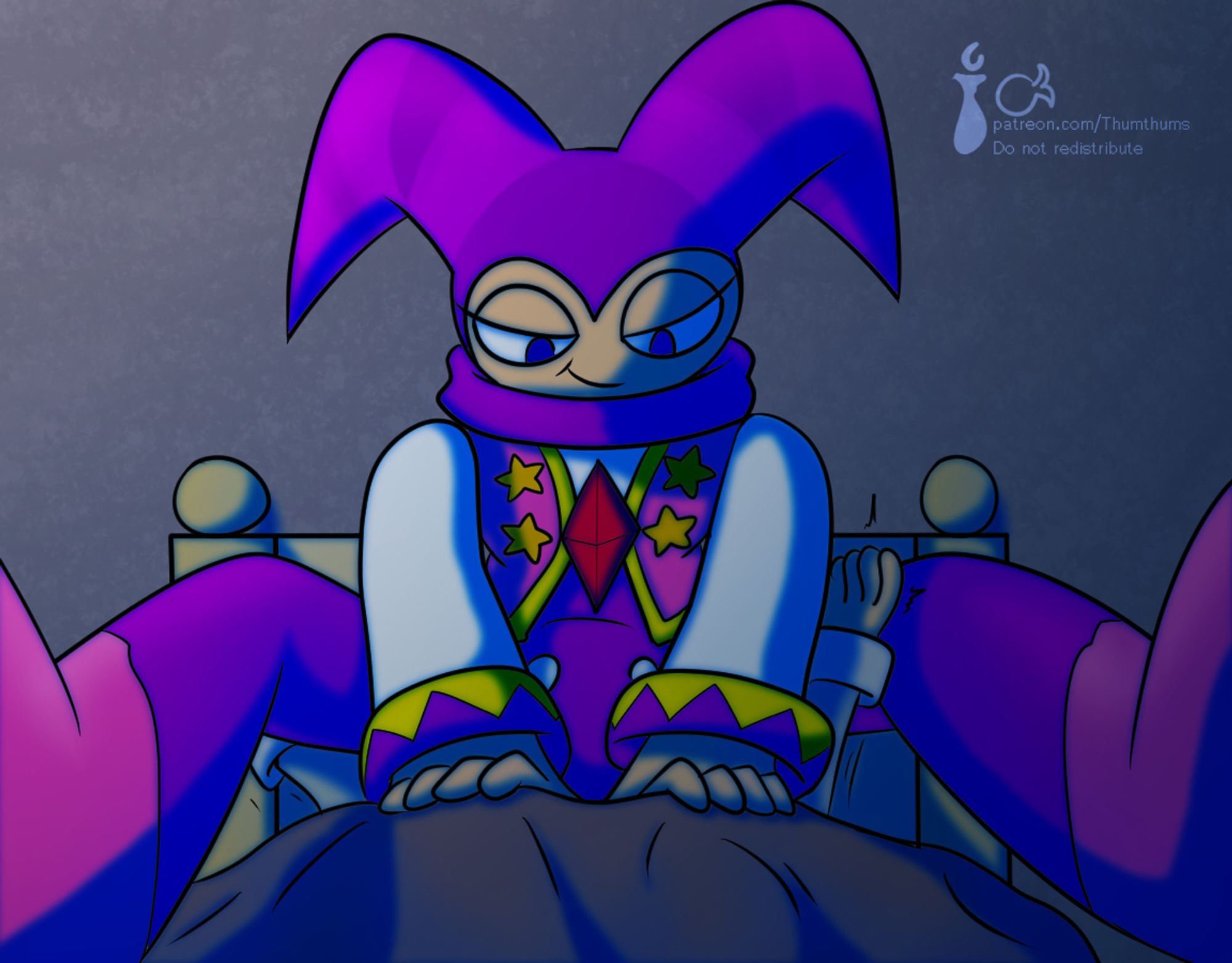 Nights the jester decide to tuck someone into the bed by sitting on them...