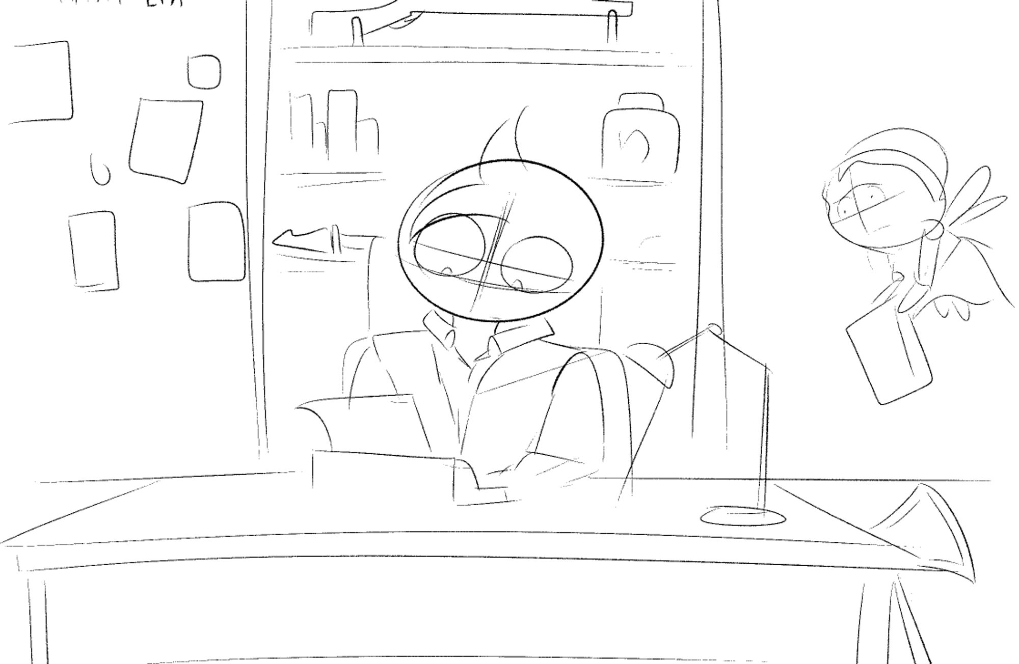 Intermission doodle of one of my OC, Thumtas, working in a 'library' with assistant fairy that I have yet to decide the name.