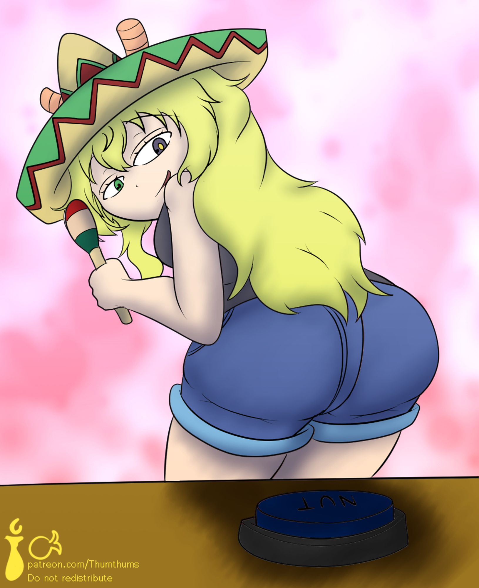 Lucoa from dragon maid doing the mexican dance while wearing hat and holding instrument while hovering butt over the button below