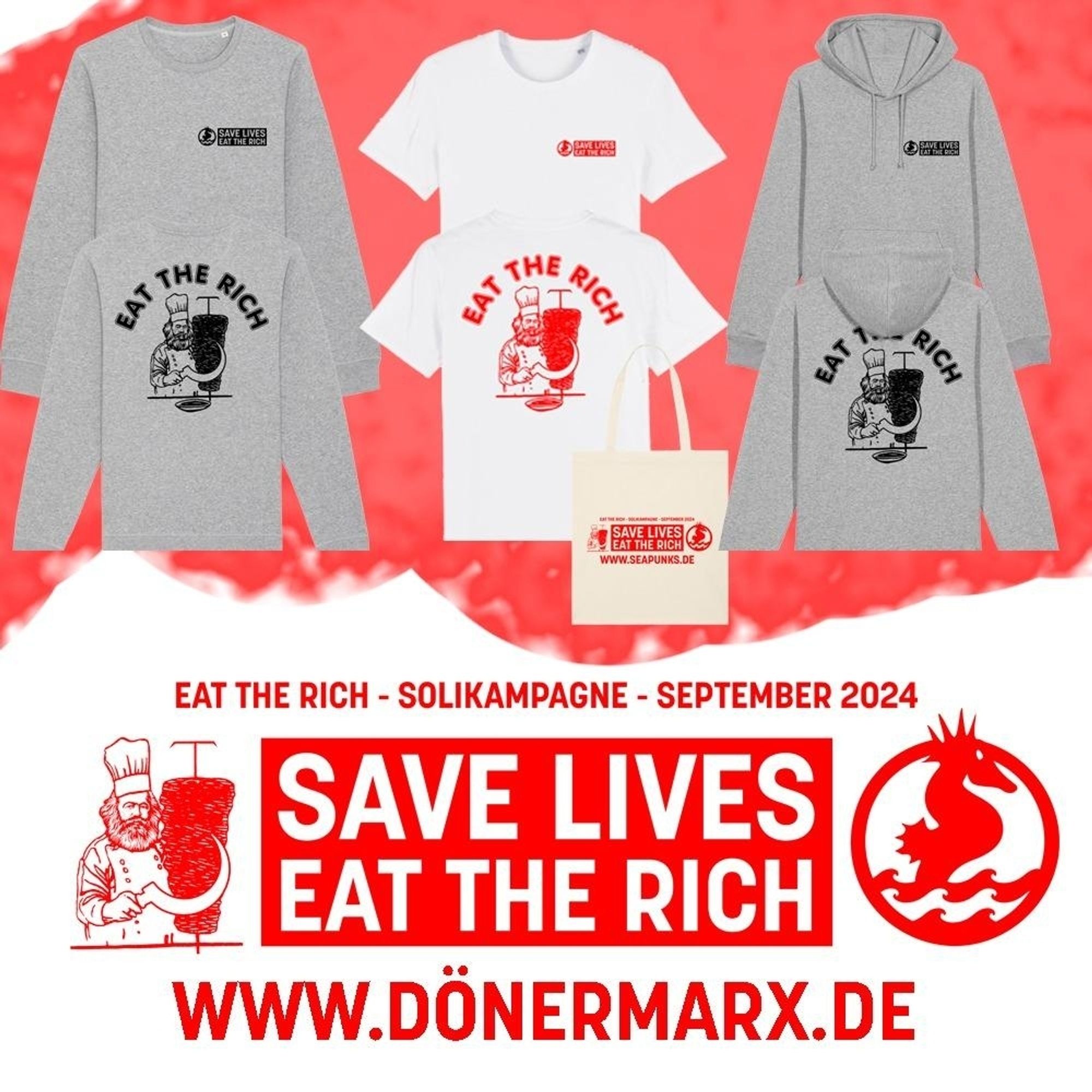 Infokachel mit 2 Pullovern, einem T-Shirt und einem Jute Beutel.

Bedruckt sind die Sachen mit dem Eat The Rich Dönermarx und dem Logo der Seapunks.