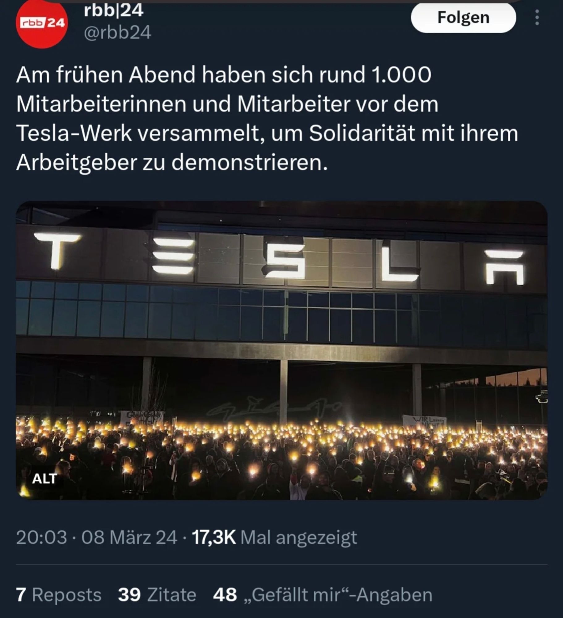 Screenshot Twitter rbb24

Am frühen Abend haben sich rund 1.000 Mitarbeiterinnen und Mitarbeiter vor dem Tesla-Werk versammelt, um Solidarität mit ihrem Arbeitgeber zu demonstrieren.

20:03 08 März 24. 17,3K Mal angezeigt

7 Reposts 39 Zitate 48„Gefällt mir"-Angaben