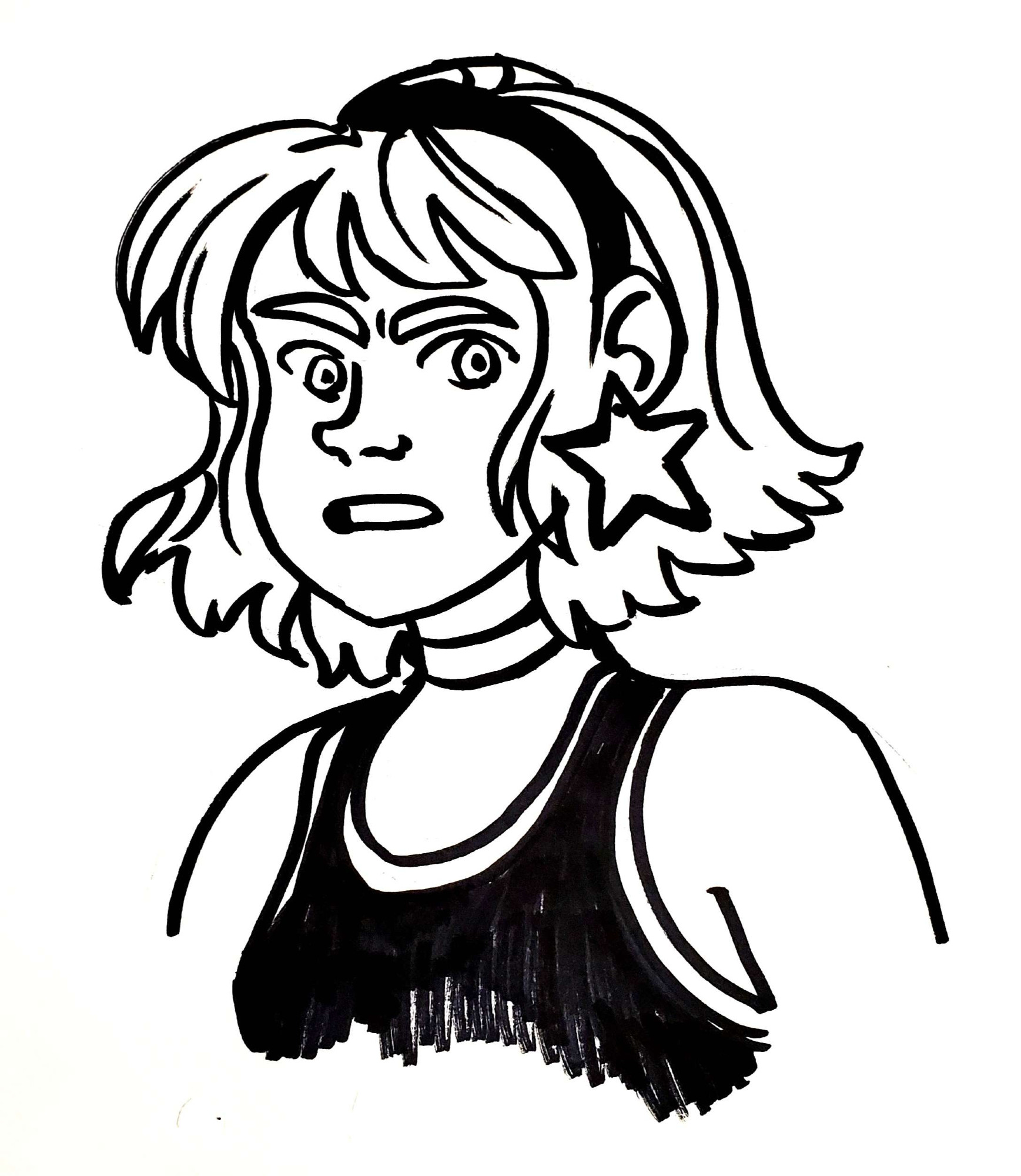 Sharpie drawing of Cassie Sandsmark, who is grimacing at the viewer.