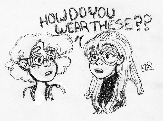 An ink drawing of Bart Allen, a teenager with poofy hair exchanging a look with Cassie Sandsmark, a teen with long hair. They have traded goggles from their respective costumes. Captioned above, the both say "How do you wear these?"