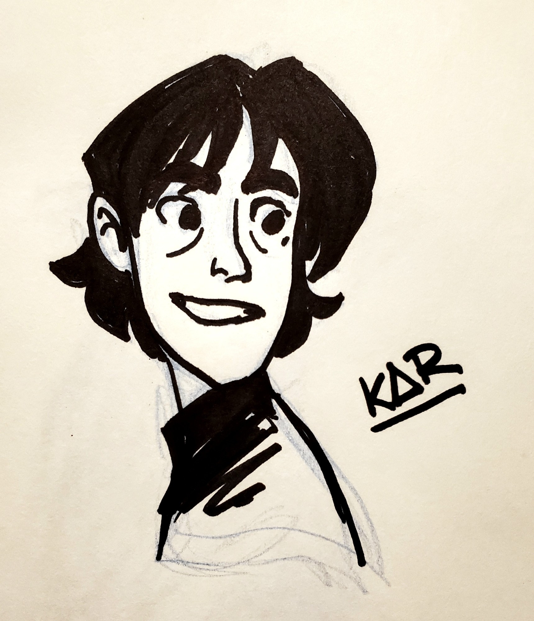 A sharpie drawing of a teenage Tim Drake, who is smiling and looking over his left shoulder. He has prominent circles beneath his eyes but he looks chipper.