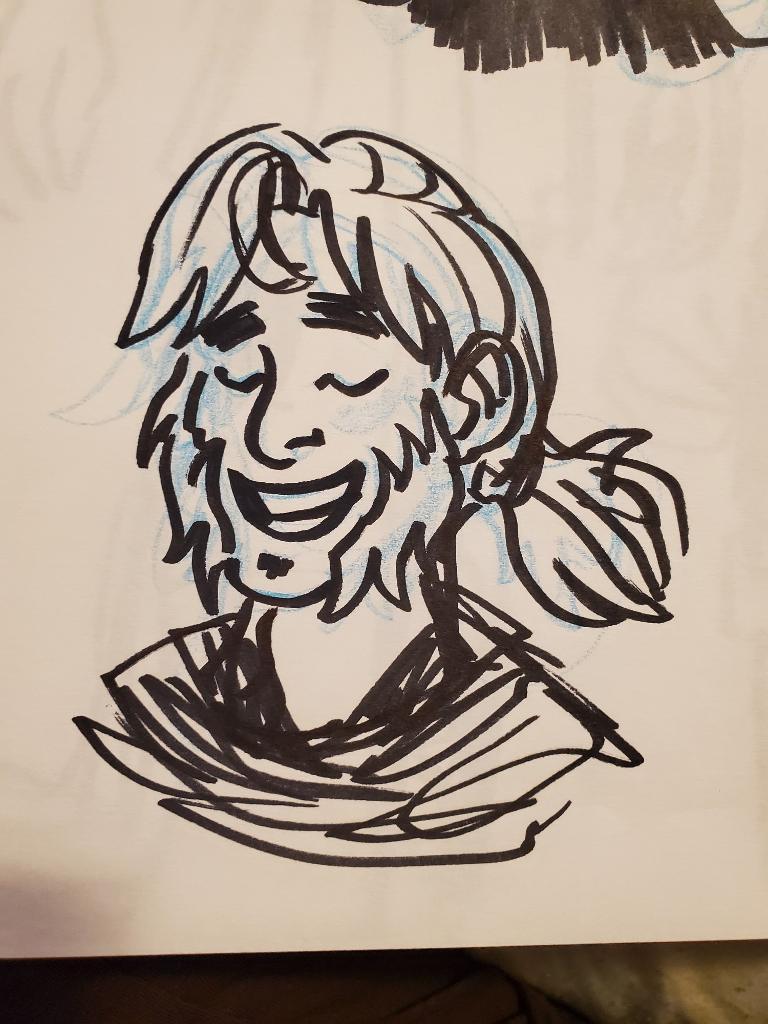 Sharpie drawing of Magnus Burnsides, who is smiling with his eyes closed.