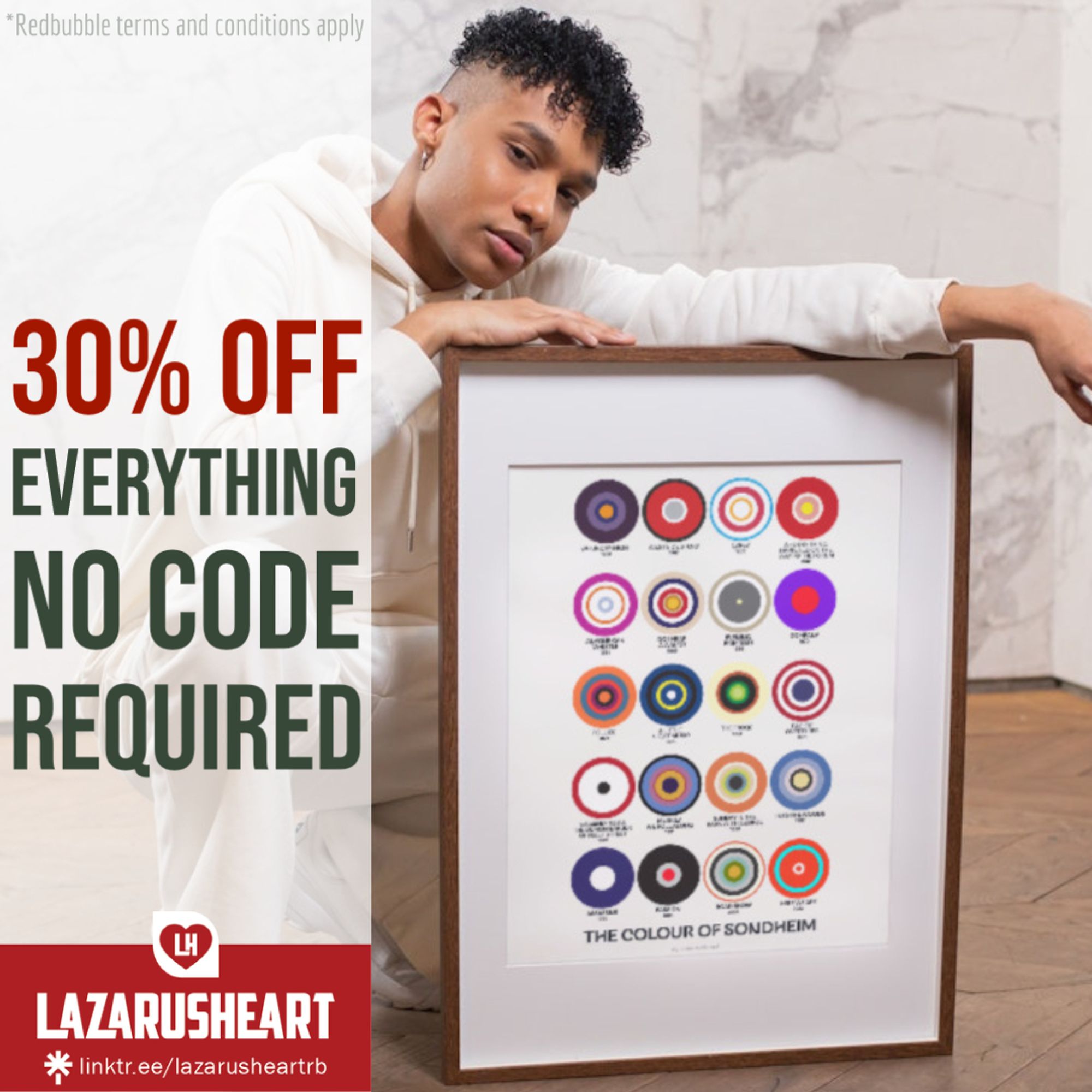 Graphic featuring the Lazarusheart logo and headline '30% off - no code required': A person holds an A1 print filled with abstract, colourful representations of Stephen Sondheim's award-winning musicals. The design is vibrant and creative, celebrating the legendary composer’s works. Perfect for theatre lovers and art enthusiasts, this eye-catching image highlights a special discount on unique, artistic prints.