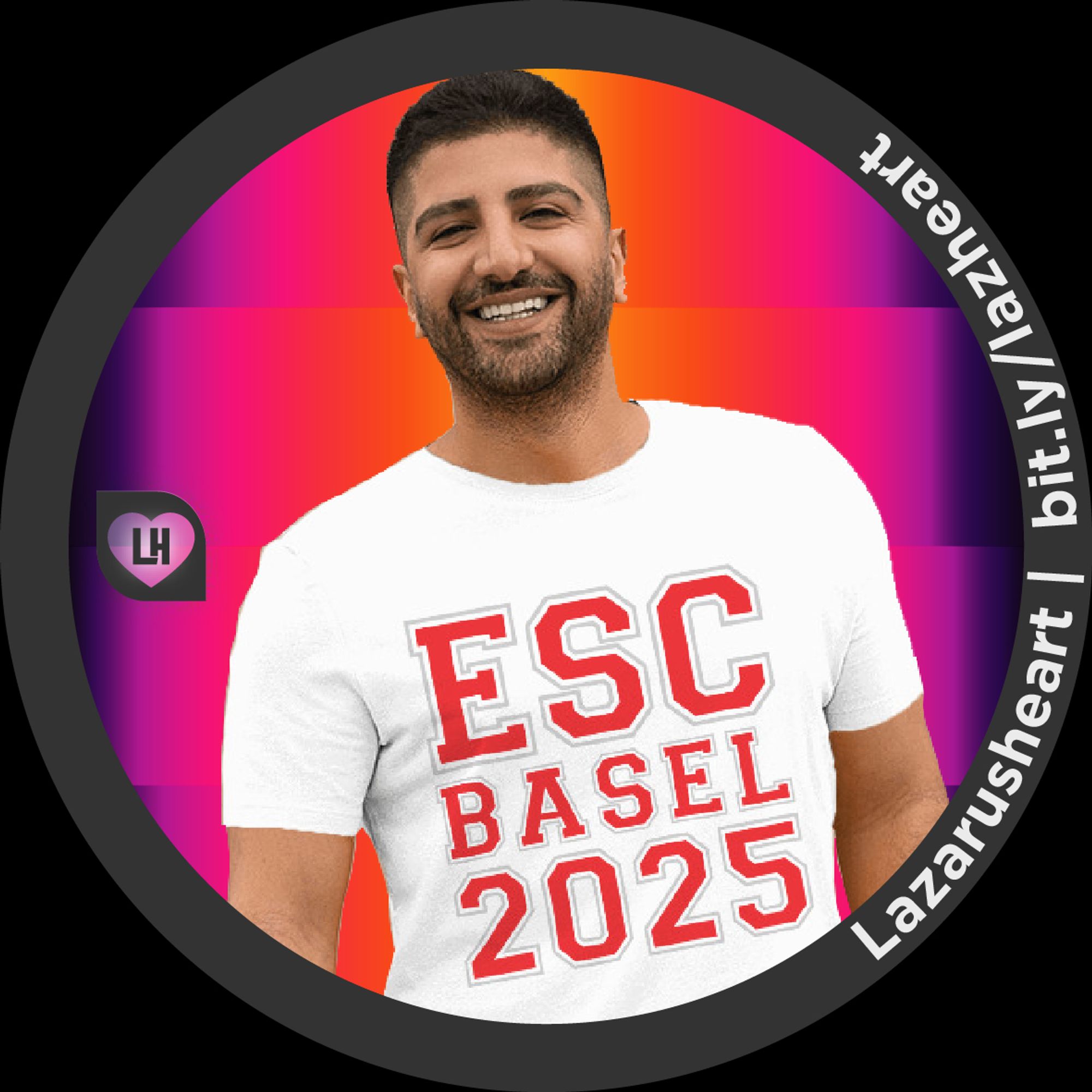 The image features the Lazarusheart logo next to a person wearing a t-shirt with the slogan "ESC Basel 2025" in collegiate-style typography. The letters are in bold red and white, echoing the iconic colors of the Swiss flag. This stylish design celebrates the announcement that the Eurovision Song Contest will be hosted in Basel, Switzerland, in 2025, capturing the excitement and pride of this global event.