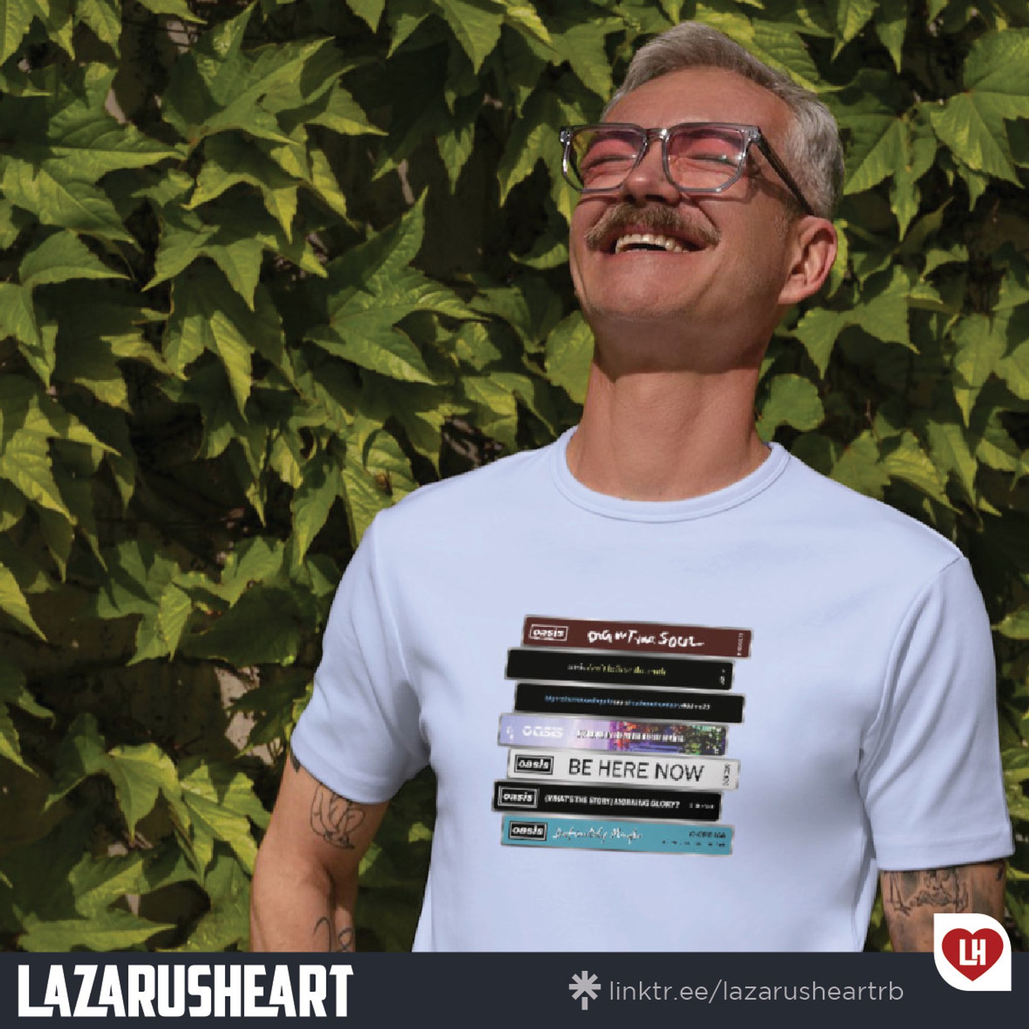 The image showcases the Lazarusheart logo next to someone wearing a striking t-shirt featuring an illustration of a nostalgic stack of cassette tapes. Each cassette spine is marked with the iconic album titles of Oasis, capturing the spirit of one of the greatest British rock bands. This retro design is a nod to the band’s legacy, blending vintage vibes with a celebration of every Oasis album—from *Definitely Maybe* to *Dig Out Your Soul*. Perfect for fans who want to wear their love for rock ‘n’ roll loud and proud!