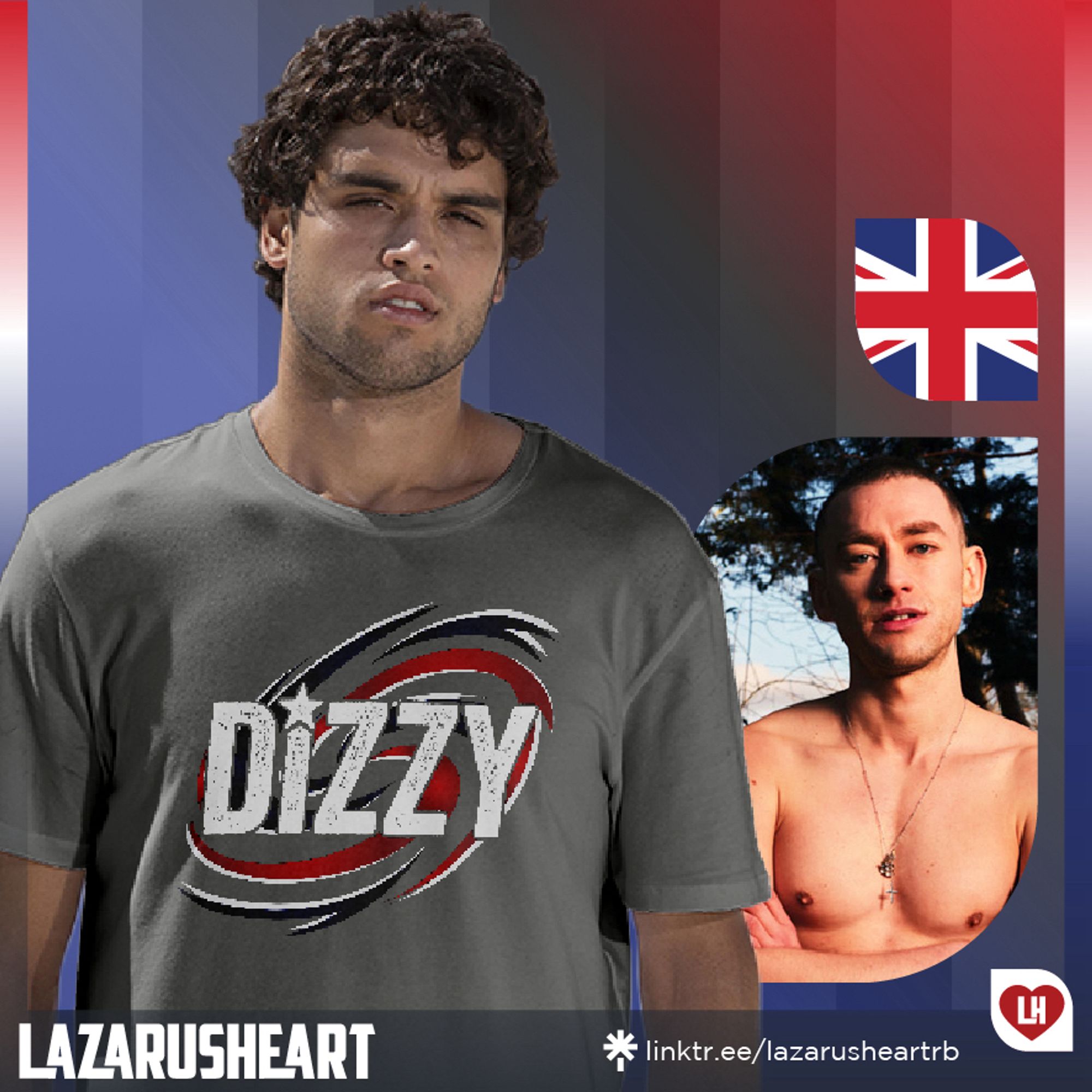 "Image featuring the LazarusHeart logo alongside a man wearing a black t-shirt adorned with 'Dizzy', inspired by Olly's 2024 Eurovision Song Contest entry. The shirt's design incorporates the title in bold lettering across the chest, set against an abstract pattern reminiscent of the United Kingdom's flag's colors."