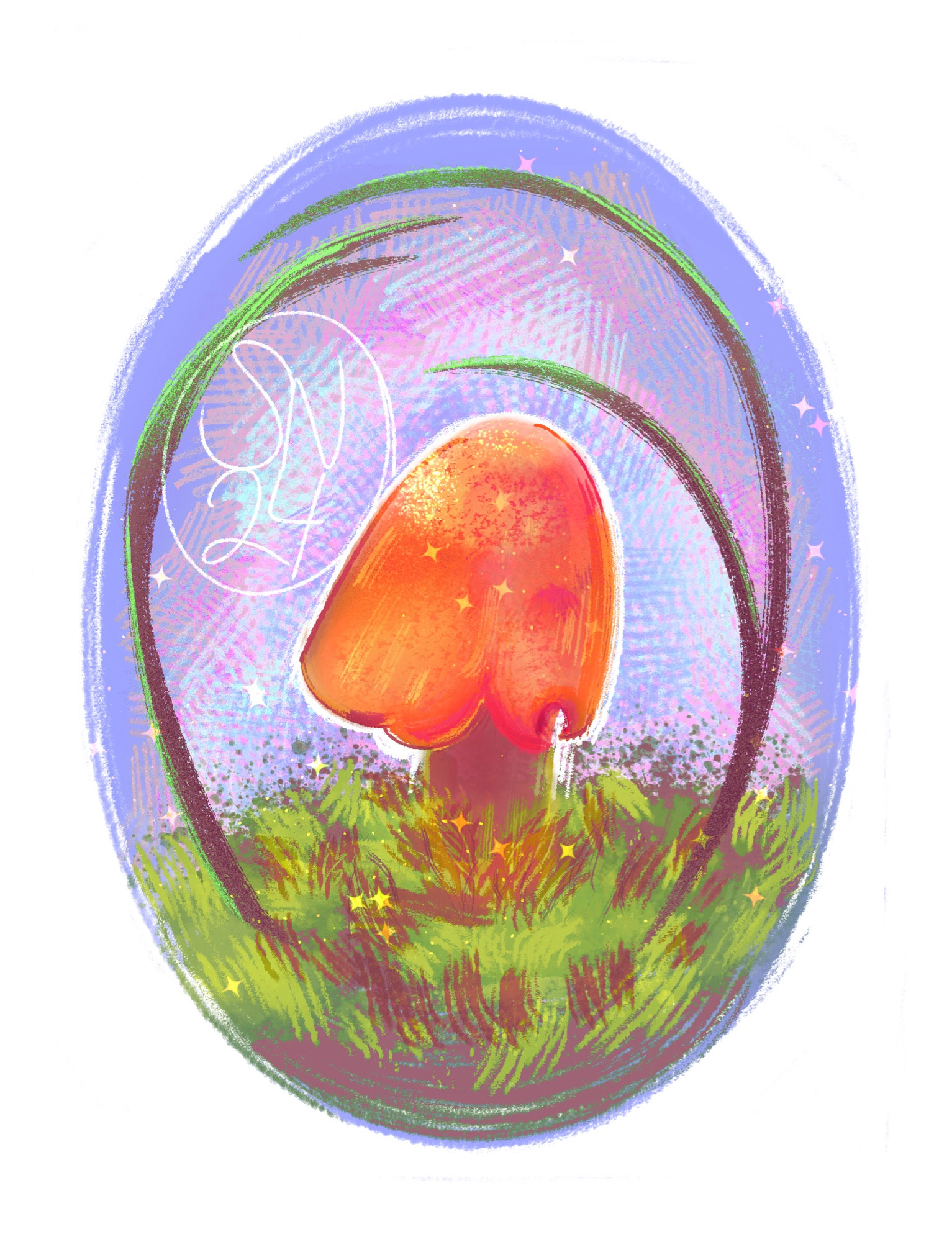 A red mushroom growing from a moss patch. blades of grass curve over the mushroom like a canopy. painted against a purplish pink background and covered in sparkles