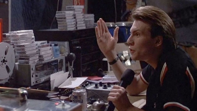 Christian Slater as "Happy Harry Hardon," a teenager who converted his shortwave radio into an unlicensed FM transmitter, addressing his listeners in a scene from the 1989 film "Pump Up the Volume"