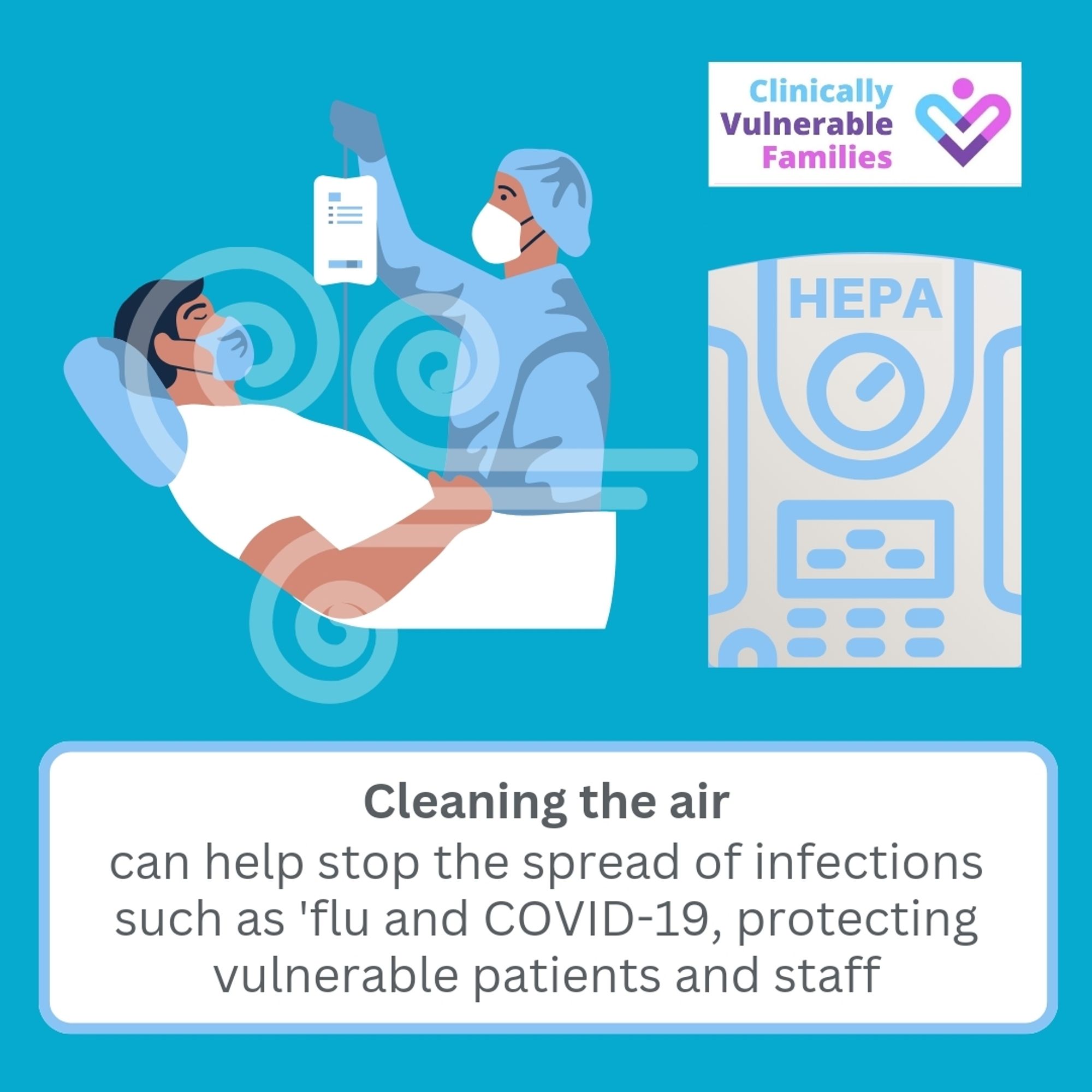 Clinically Vulnerable Families logo

[Image of a HEPA filter blowing clean air towards a mask wearing patient (in bed) and healthcare worker who is hanging a drip above.]

Cleaning the air

can help stop the spread of infections such as 'flu and COVID-19, protecting vulnerable patients and staff