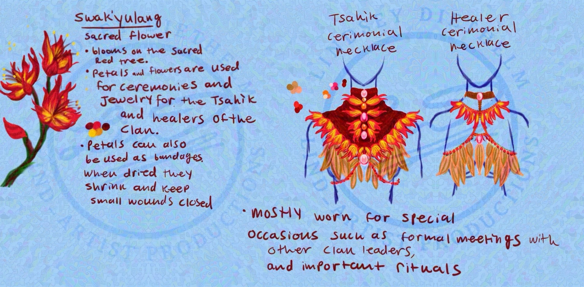 Swak’yulang sacred Flower
• blooms on the sacred
Red tree.
• Petals and flowers are used for ceremonies and Jewelry for the Tsakik and healers of the
Clan.
• Petals can also be used as bundages. when dried, they shrink and keep small wounds closed

Tsahik Ceremonial necklace 

Healer Ceremonial necklaces 
• mostly worn for special occasions such as formal meetings with
other clan leaders, and important rituals