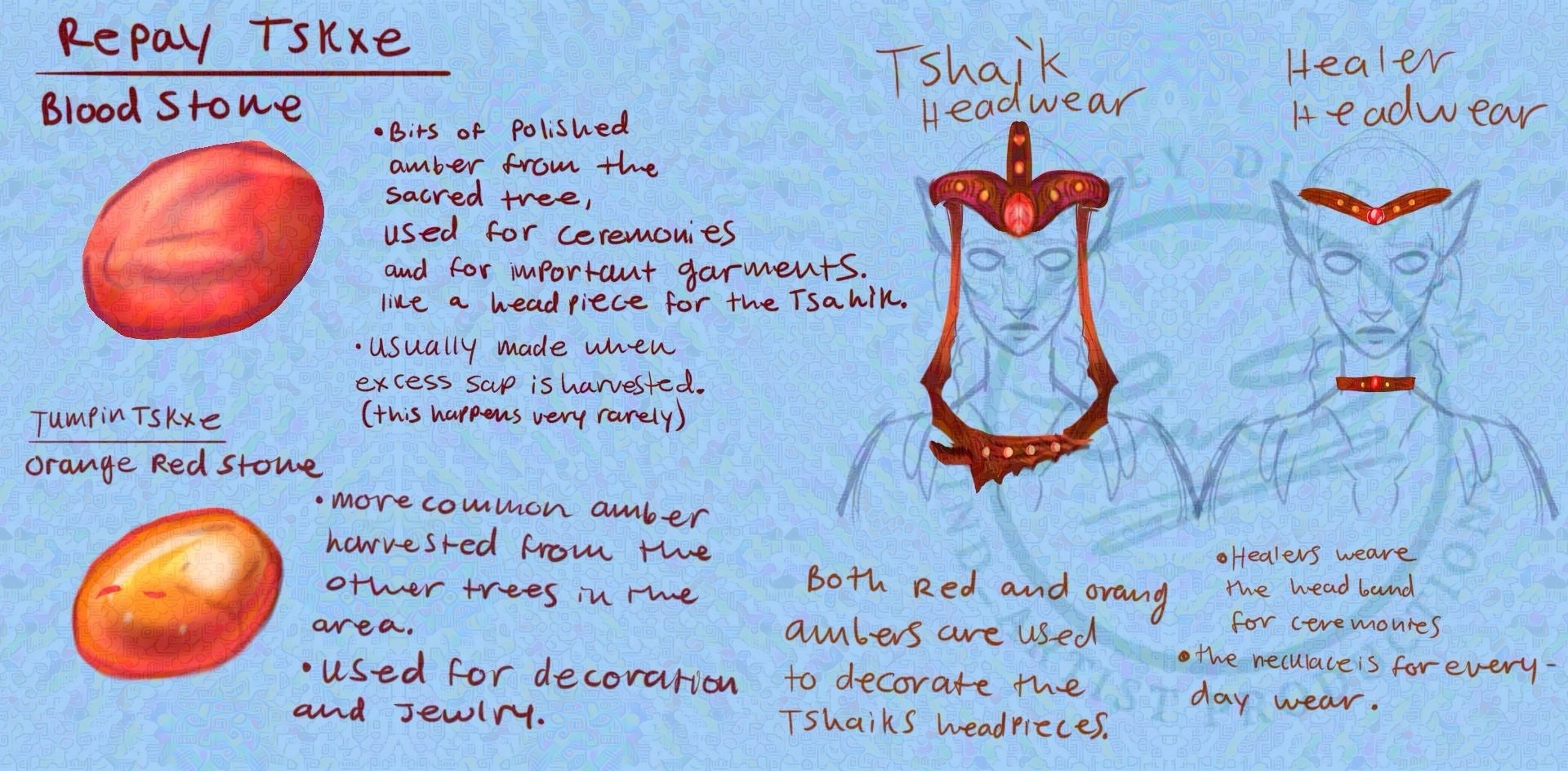 Repay Tskxe
Blood Stone
• Bits of Polished amber from the sacred tree, used for ceremonies and for important garments.like a head piece for the Tsahik.
• usually made when excess sap is harvested. (this happens very rarely)


Tumpin Tskxe
orange Red Stone
• more common amber harvested from tue oter trees in the area.
• used for decoration and Jewlry.

Both red and orang ambers are used
to decorate Tshaiks headpieces,
• Healers wears the head bands for ceremonies and the necklaces for every - day wear.