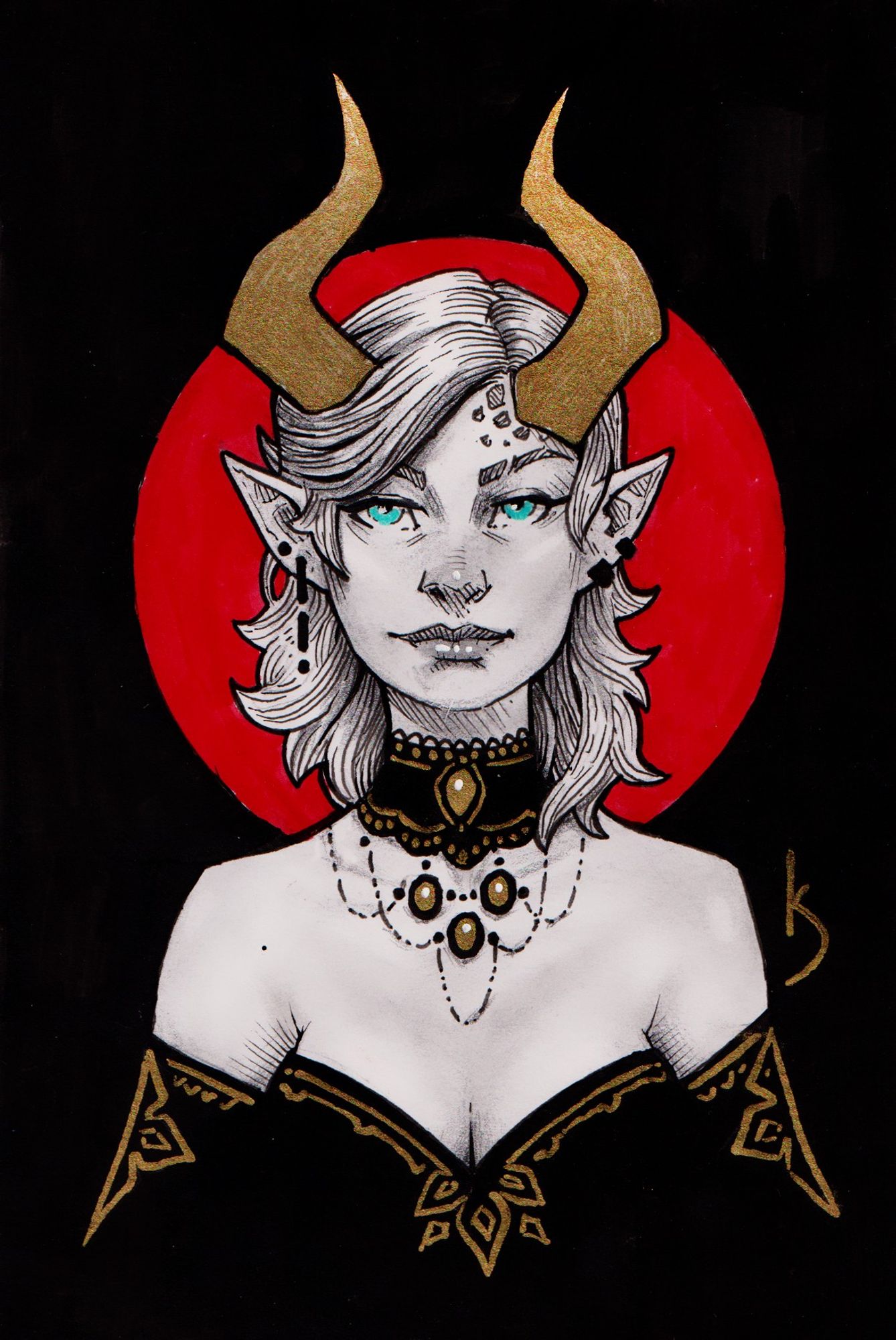 ink illustration of lady demon with gold horns and red moon behind her