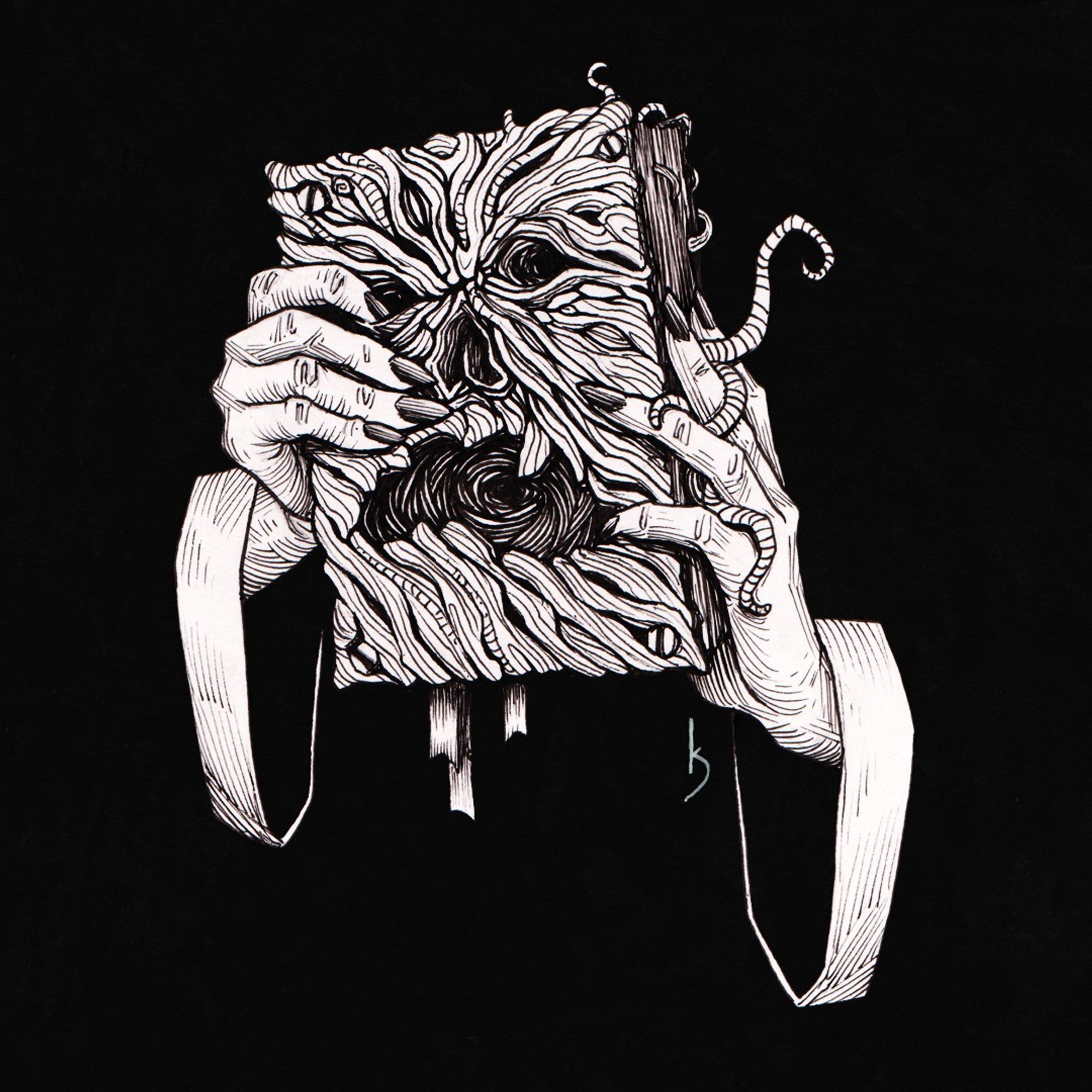 black and white pen and ink illustration of the Necronimicon from the Evil Dead movies.