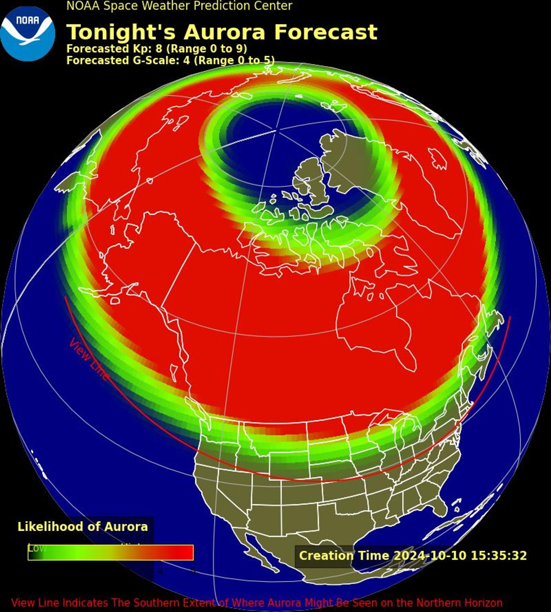 NOAA Space Weather Prediction Center graphic titled "Tonight's Aurora Forecast" showing a globe centered on Canada with a big red donut shape with green edges going around the pole. The donut almost entirely covers Canada and extends into the northern US.