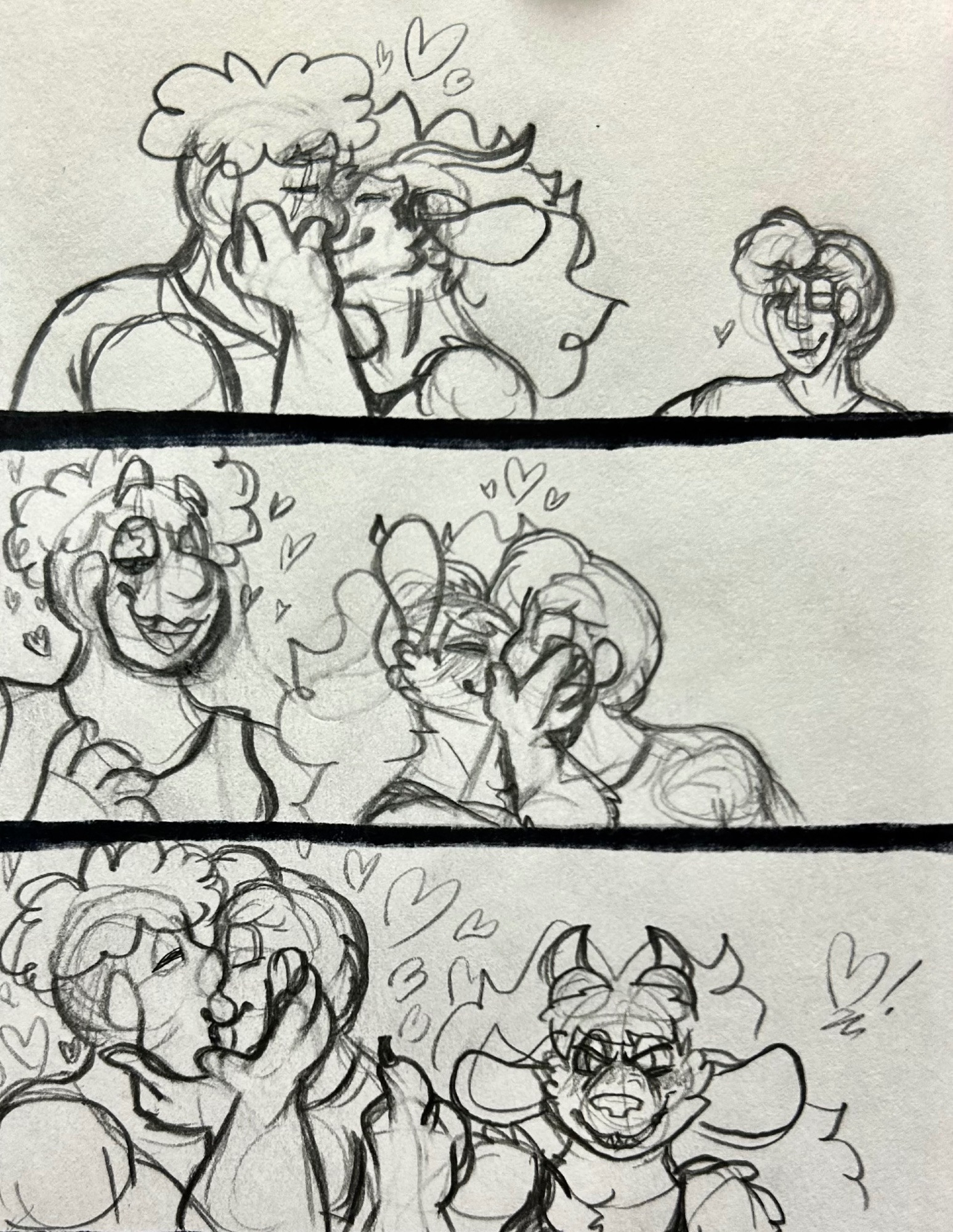 Three panel sketched comic of Warrior and Thief- dicey dungeons characters- and Beast- an oc. In the first panel, Warrior and Beast are kissing. Thief watches from the background with an affectionate expression. In the second panel, Beast is kissing Thief. Warrior looks to the camera happily with a lovestruck smile. In the third panel, Warrior and Thief are kissing. Beast is in the foreground, giving the camera a big smug grin. She is putting her middle finger up at the camera. 