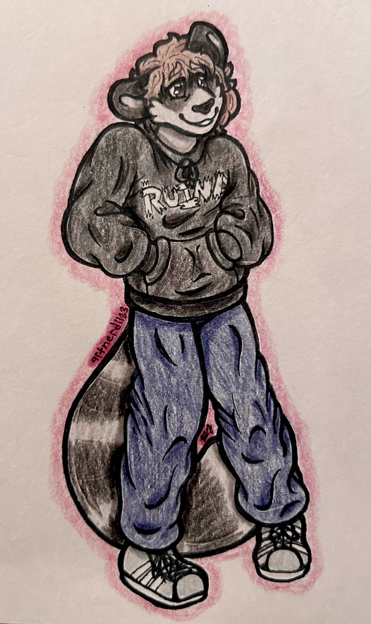 Ryouta is a raccoon furry with gray fur and black accents. He has short, messy brown hair. He smiles nervously at the viewer, shoulders hunched as he stands awkwardly. He's wearing a baggy black hoodie with "RUINA" printed in white across the front, blue jeans, and gray sneakers. 