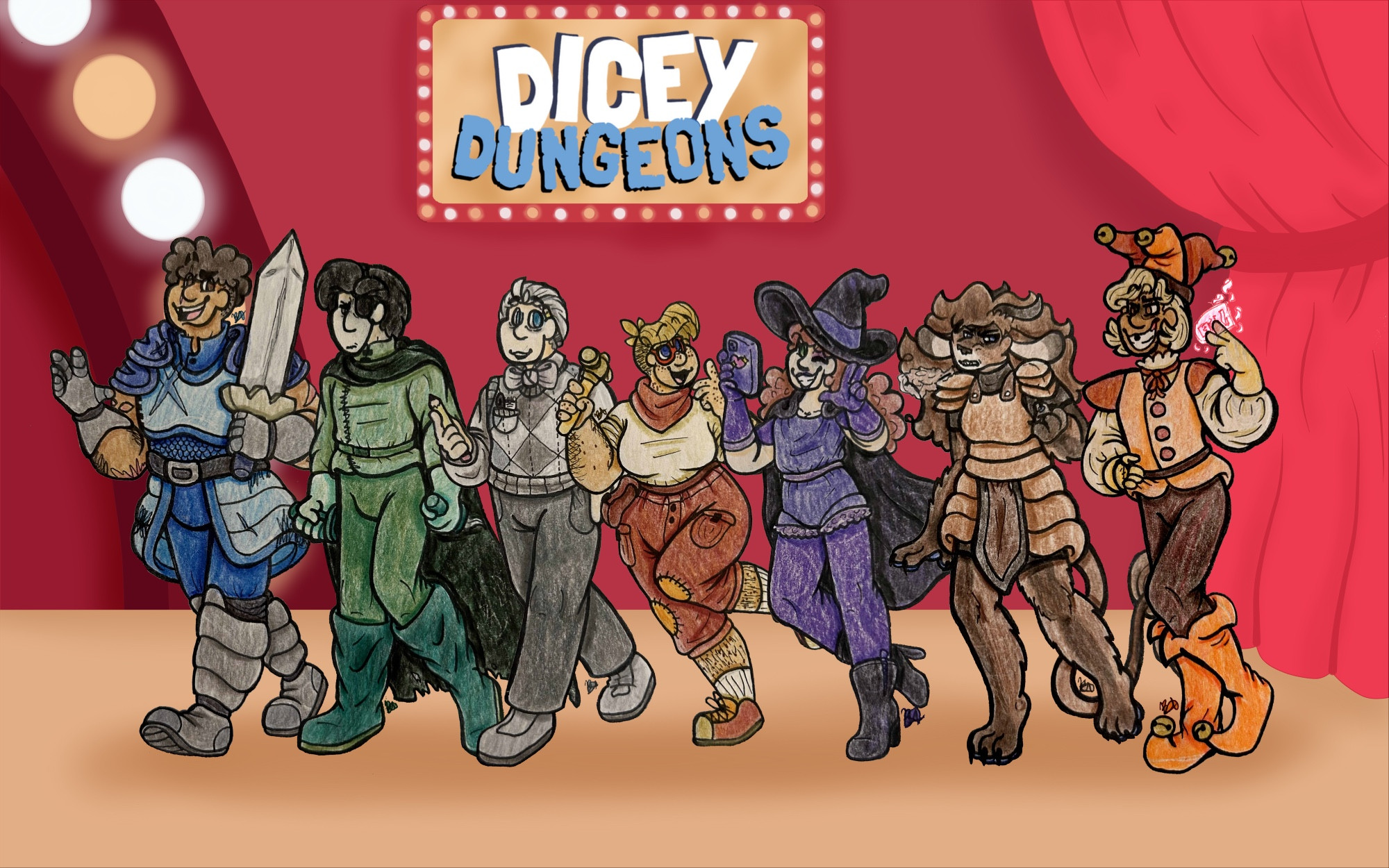 Art of a lineup of characters from Dicey Dungeons. From left to right, there’s Warrior, Thief, Robot, Inventor, Witch, Beast (an oc), and Jester. Warrior smiles excitedly as he heads up the line, Thief looking after him with a tired frown. Robot and Inventor look around with expressions of intrigue and delighted curiosity. Witch is taking a selfie as she walks, winking and doing a peace sign with her free hand. Beast and Jester are glaring at each other. Jester holds a glowing pink card- the ace of hearts. They are all walking across a stage, with a maroon wall behind them. To the right is a tied back pink curtain. To the left is an arch with flashing show lights. Above them is a sign bordered with more flashing lights, which reads “Dicey Dungeons.” 