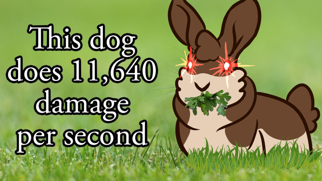 A drawn over meme of a brown and cream rabbit fursona standing in a field with a mouthful of leaves. Its eyes are glowing red. To the left of the rabbit are white words with black borders, saying “This dog does 11,640 damage per second.” 