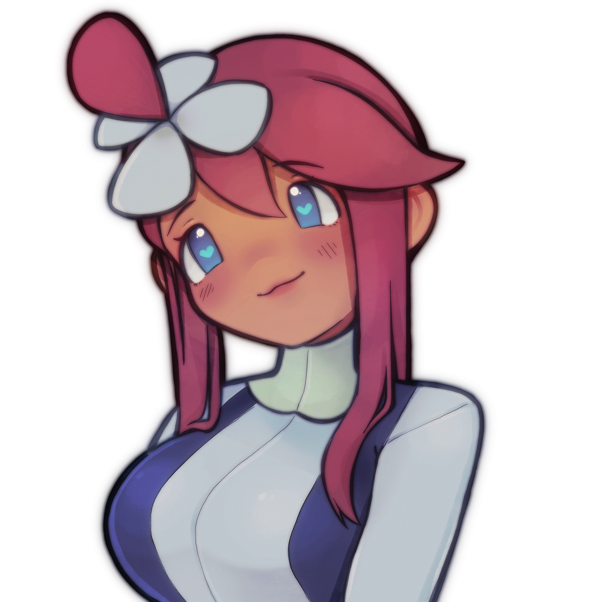 pokemon gym leader Skyla looking at the viewer while against a white background 