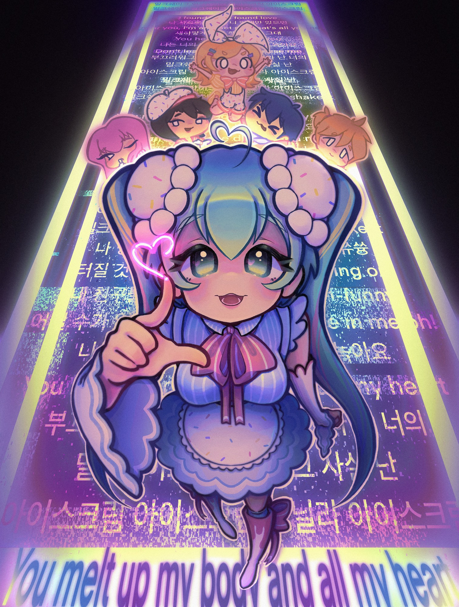 Hatsune Miku in an original designed Ice cream themed outfit, signing a heart to viewers. Behind her are chibis of the other crypton vocaloids. The base background is blank, with a blue-purple glowing road made up of the lyrics of "Ice Cream" by F(x)