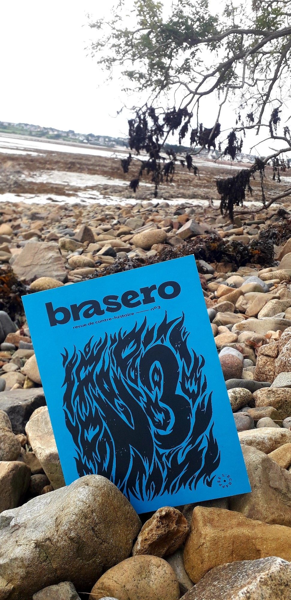 Couverture de Brasero, revue de contre-histoire aux éditions de L'Échappée. N0 3 de novembre 2023.
Photo prise sur une grève au bord de la mer en Bretagne Nord. La mer est basse et le ciel est gris.