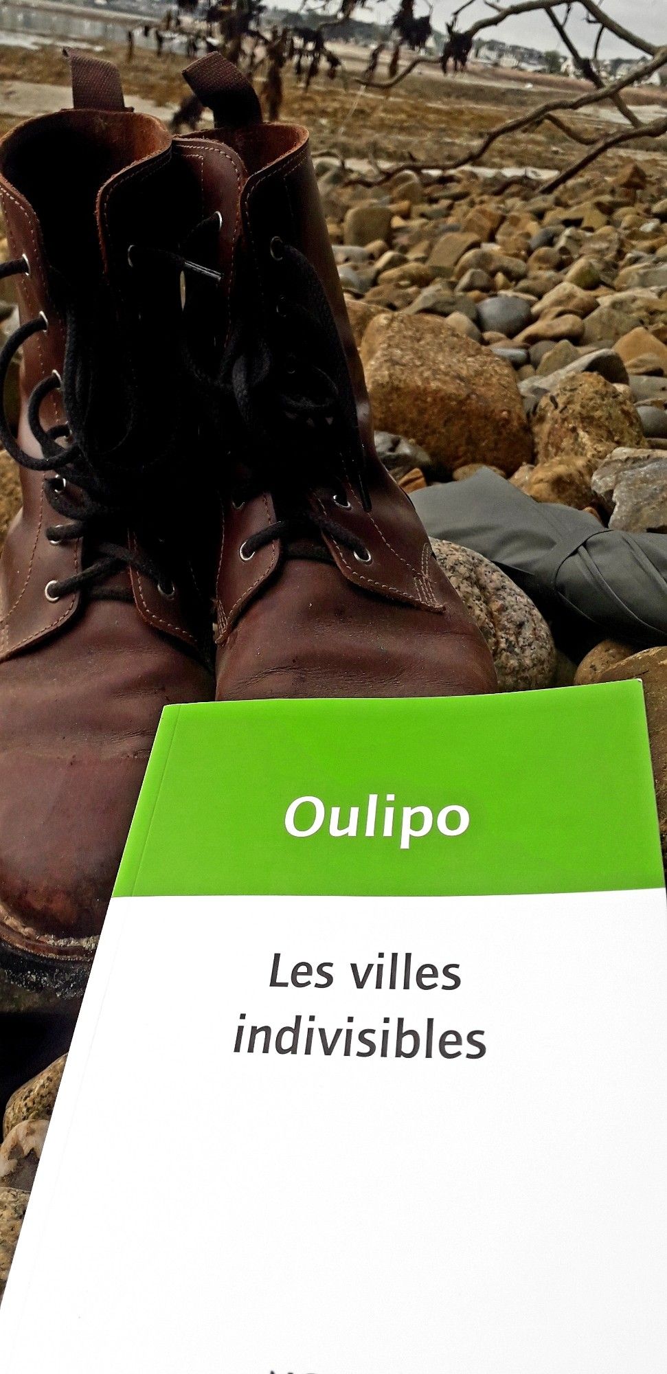 Couverture du livre, "Les villes indivisibles"/ Oulipo. Éditions Nous. 
Photo prise sur une grève au bord de la mer en Bretagne Nord.