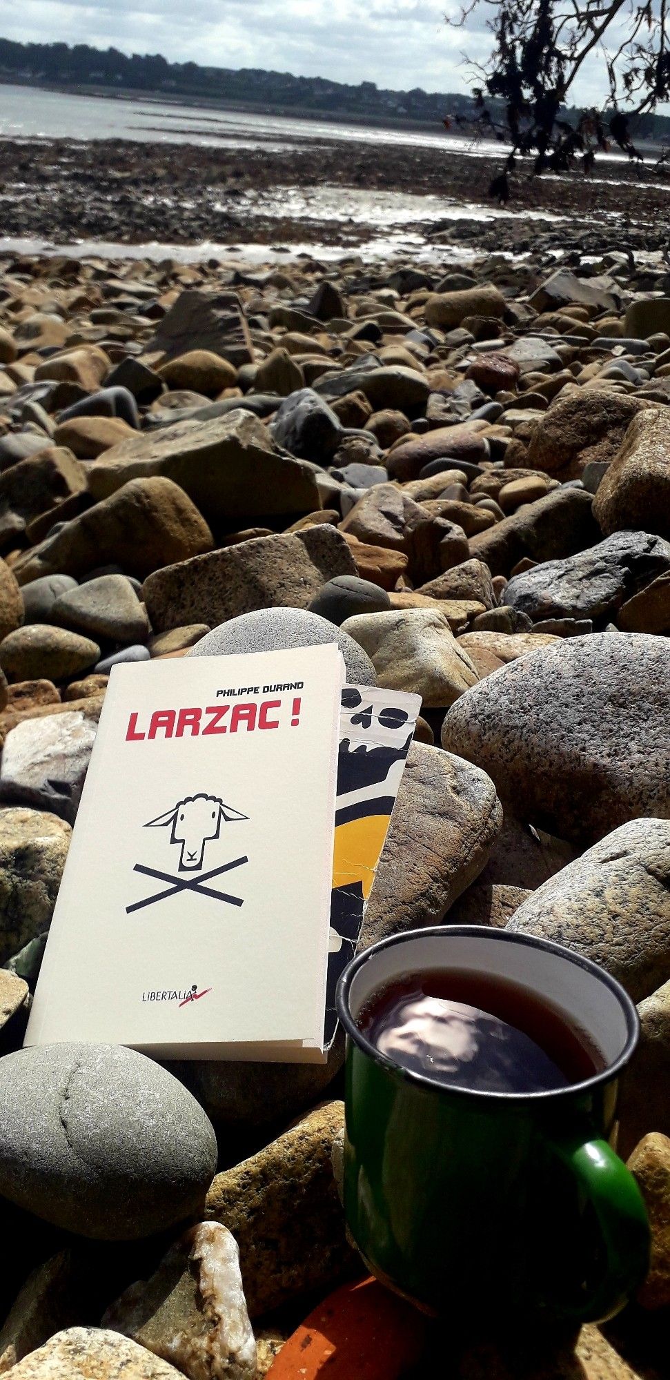 Couverture du livre de Philippe Durand, "Larzac !", aux éditions Libertalia. 
Photo prise sur une grève au bord de la mer en Bretagne Nord avec une tasse de thé noir brûlant. Il fait beau et la mer est basse.