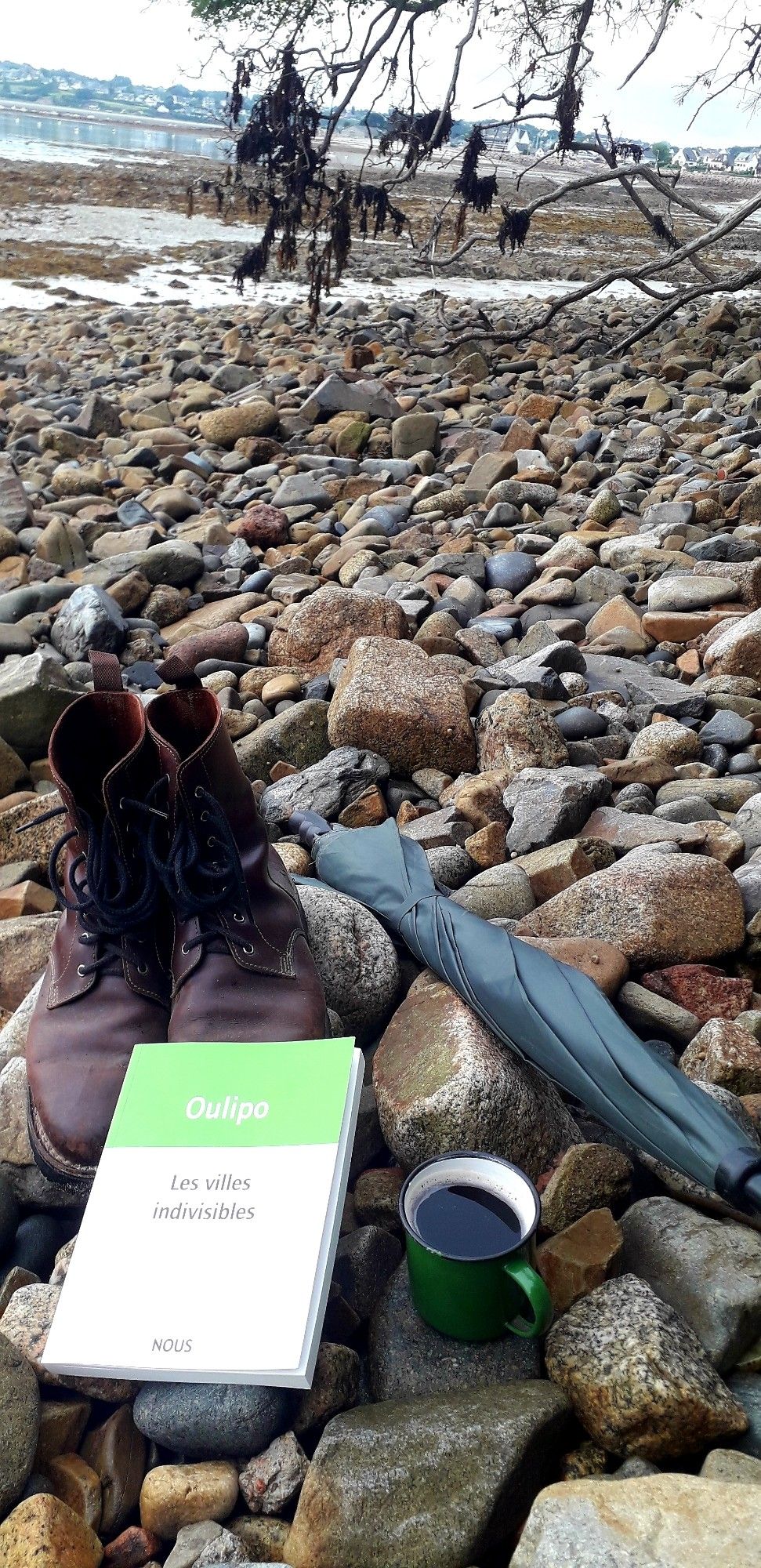 Ma lecture de c'matin sur une grève au bord de la mer en Bretagne Nord : "Les villes indivisibles" / Oulipo. Éditions Nous. 
Sur la photo, le livre est posé sur mes godasses, près de mon parapluie fermé et une tasse de thé noir brûlant. La mer est basse...