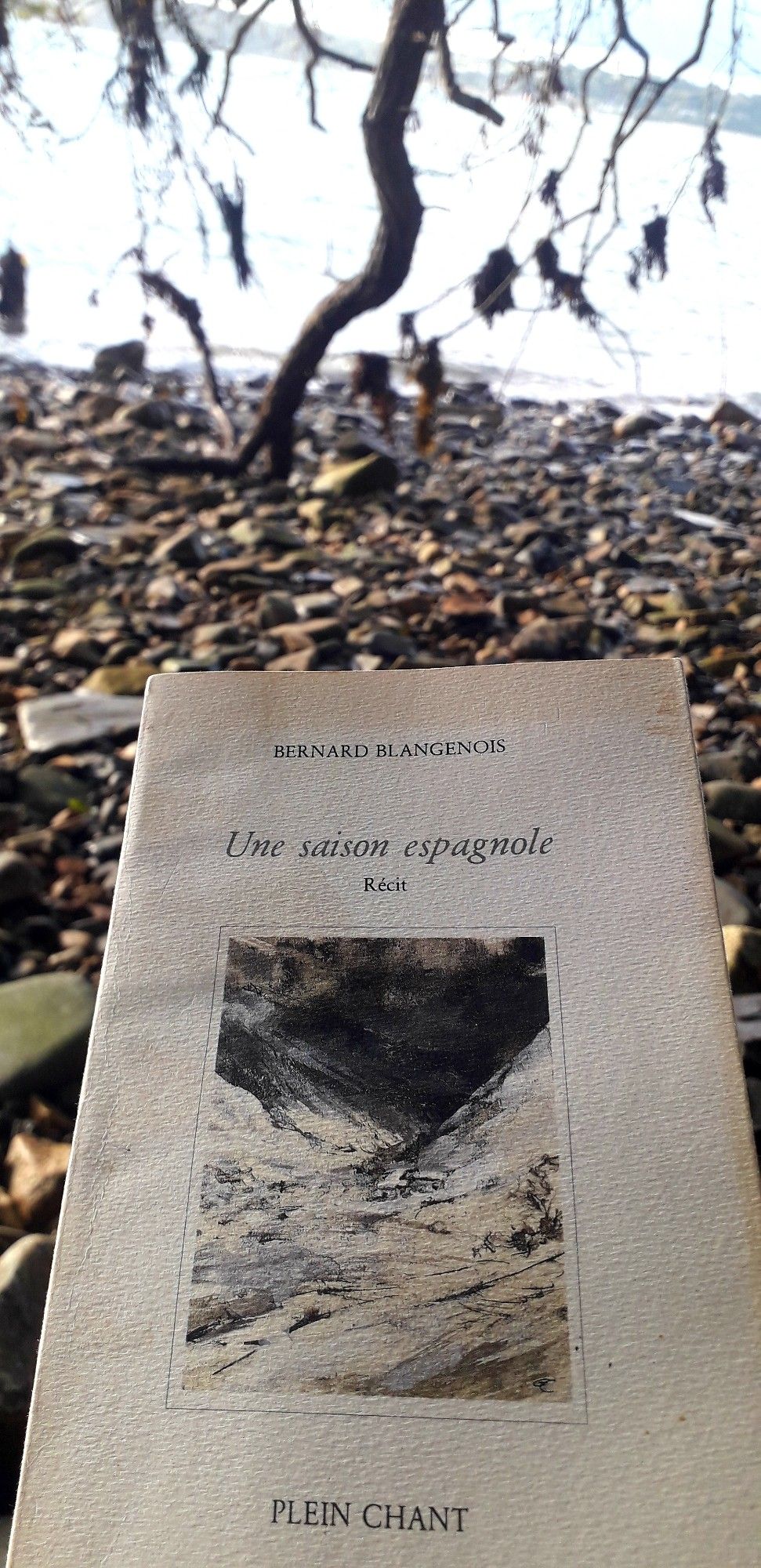 Couverture du livre de Bernard Blangenois, "Une saison espagnole". 1988. Éditions Plein Chant. 
Photo prise sur une grève au bord de la mer en Bretagne Nord.