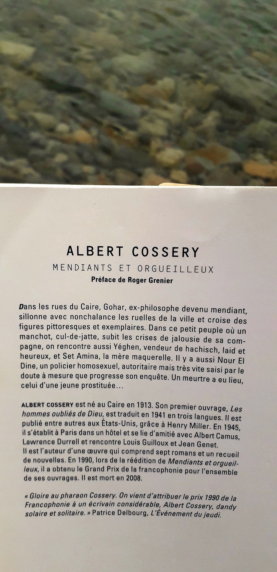 4ème de couverture du livre d'Albert Cossery, "Mendiants et orgueilleux" aux éditions Joëlle Losfeld . Collection Arcanes. 
La photo est prise dans une crique en Bretagne Nord et la mer est haute.