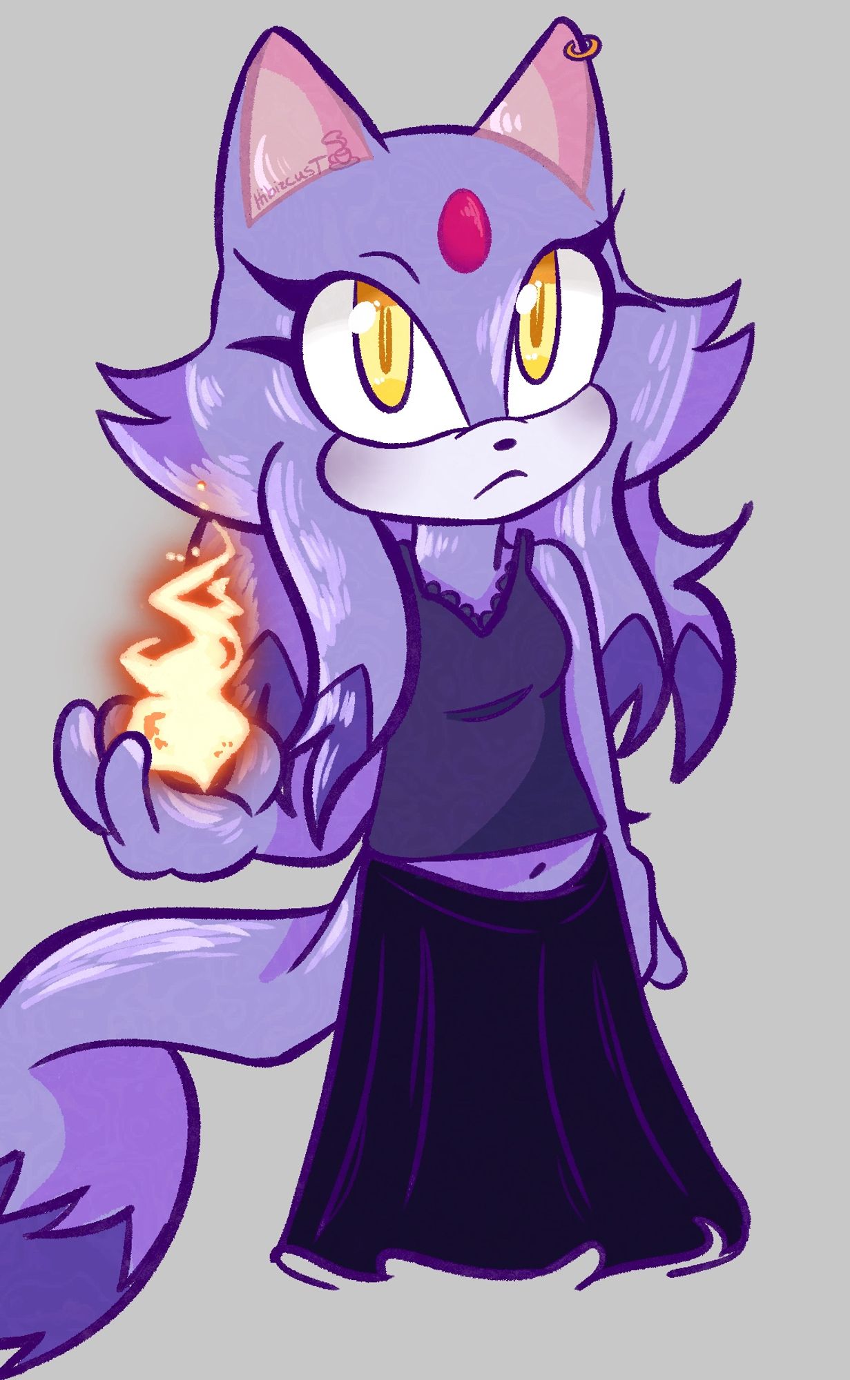 Blaze the Cat in a purple tank top and a black skirt, she’s summoning fire in her hand