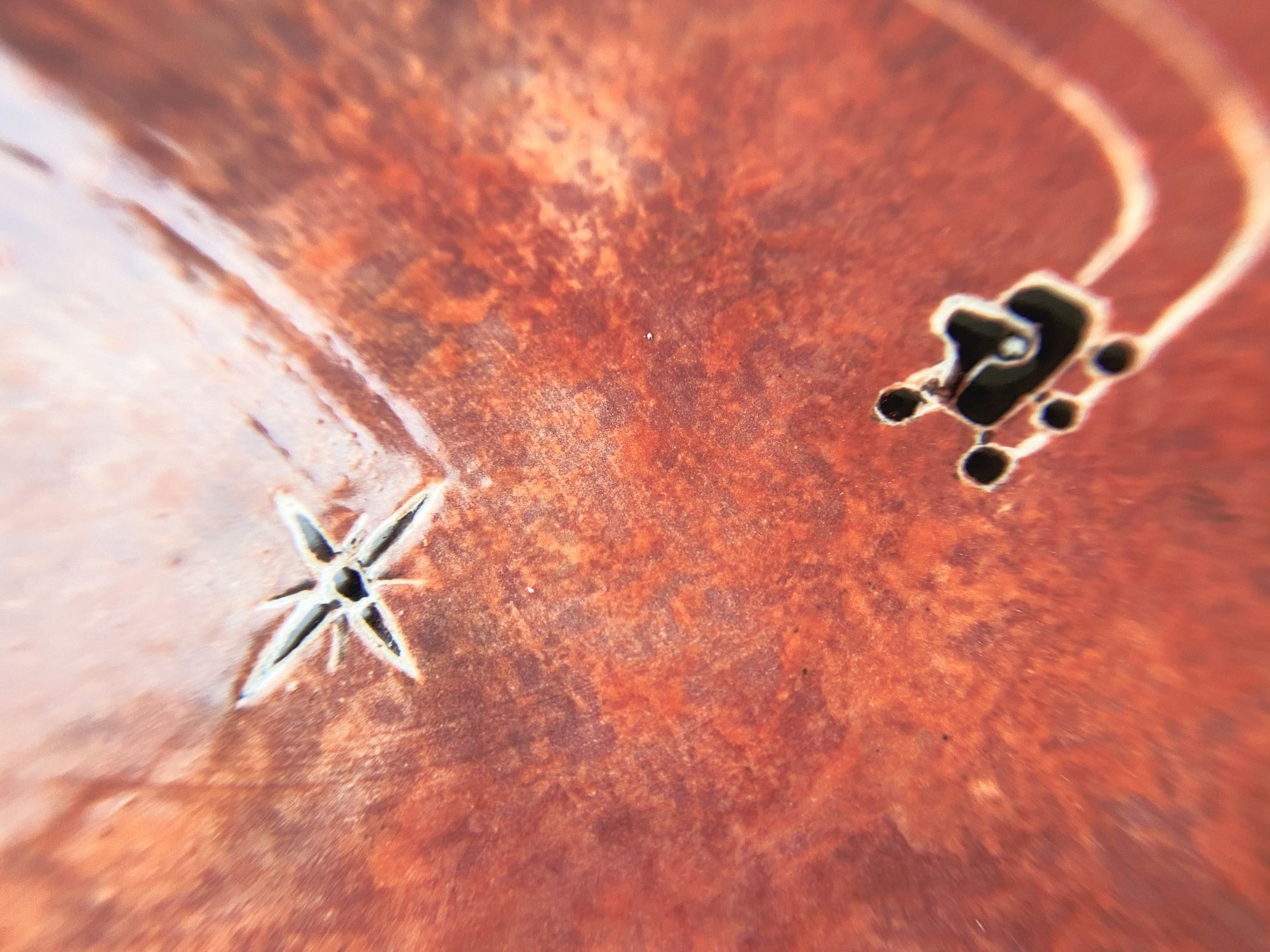 Plate painted like a Mars crater with Perseverance rover making tracks in a circular direction and Ingenuity helicopter flying above. (Detail of rover and helicopter)