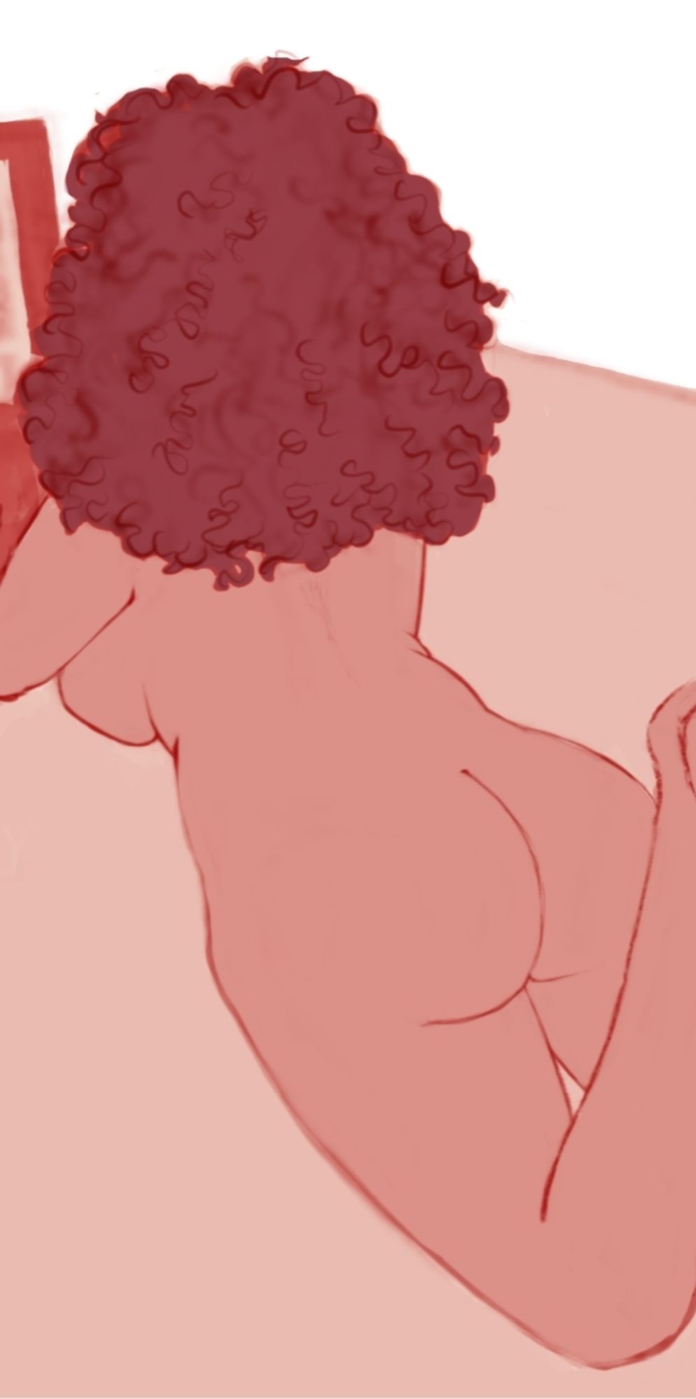 An illustration of a nude femme body from behind lying on her stomach and resting on her elbows with thick curly hair covering her shoulders